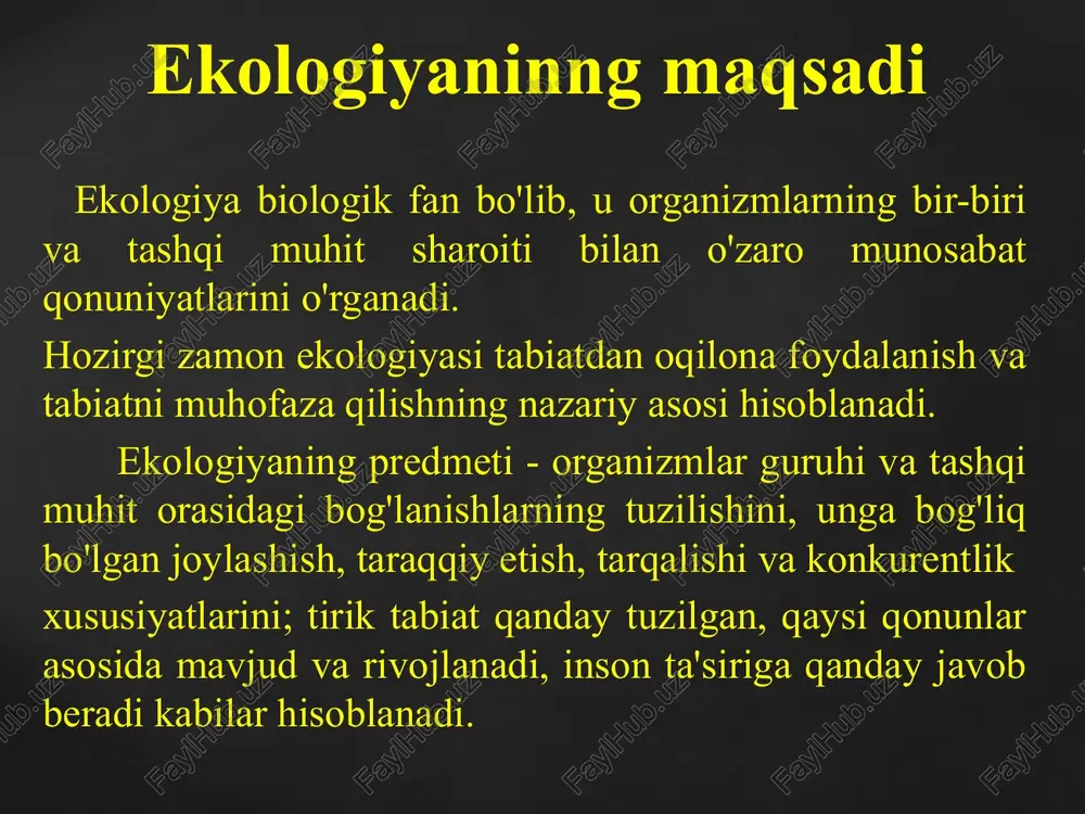 illarida akademik v.i.vernadskiy biosfera to'g'risidagi ta'limotni yaratib ekologiyani rivojla-nishiga katta xissa qo'shdi. 30-50 yillarga kelib, ekosistema doirasida moddalar aylanishi va energiya oqimini o'rganish singari umumekologik muammolar ko'tarildi. vernadskiy v.i. (1863-1945) 40-50 yillarda t.a.rabotnov va 60-yillarda a.a.uranovlar o'simliklarning populyatsiyalari to'g'risidagi ta'limotga asos soladilar. keyinchalik chet ellarda ham (ingliz olimi dj.xarper) shunga o'xshash ilmiy ishlar paydo bo'la boshladi. 50-yillarga kelib umumiy ekologiya fani shakllandi. 1930 yillarda ekologiya yo'nalishlariga asoslangan markaziy osiyo maktabi hozirgi m.ulug'bek nomidagi o'zbekiston milliy universiteti qoshida shakllandi. maktab o'lkaning biologik jamoalarini, ularning tarkibiy qismlarini o'rganish bilan birga ekolog mutaxassislar tayyorlashda, ekologiyani rivojlantirishda ham ahamiyatga ega bo'ldi. d.n.kashkarov tomonidan boshlab berilgan ishlar uning shogirdlari t.z.zohidov va r.n.meklenburtsev ishlarida rivojlantirildi. t.z.zohidov cho'ldagi hayot (biotoplarni)ning o'ziga xosligini va uni mayda hududiy birliklarga ajratib o'rgangan. o'zbekistondagi ekologik yo'nalishdagi ishlarning asoschilari d.n.kashkarov va e.p.korovinlar hisoblanadi. ular ekologik ilmiy tadqiqotlarni rejalashtirish va ekolog mutaxassislarni tayyorlash zarurligini o'rtaga tashlagan. o'zbekistonda ekologik yo'nalishdagi ishlar keyinchalik o'zfa botanika …