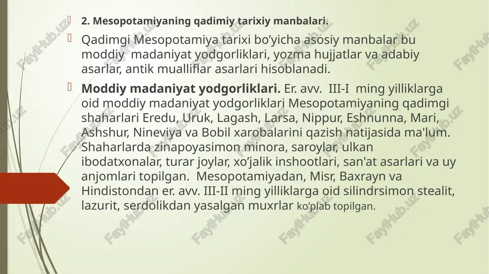 ar hindiston tarixiga oid asarlar yozgan abu rayxon beruniy maxmud g’aznaviy bilan hindistonga borib «hindiston» asarini yozgan. mil.av. iv ming yillik oxiri-iii ming yillik o’rtalariga kelib hind madaniyati tarkib topdi va rivojlanib bordi. hind dunyosi va panjob viloyatida hunarmandchilik, dehqonchilik, chorvachilik, savdo-sotiq rivojlanishi natijasida to’rt tamon devor bilan o’rab olingan qishloq va shaxarlar vujudga keldi. hind madaniyat hind va shimoliy-g’arbiy hindistonda vujudga kelib mil.av. xxiii-xviii asrlarga oid mil.av. vi (mumkin er.av. vii asr) hind dunyosining g’arbiy xududida neolit davrida aholi dehqonchilik bilan shug’ullanganlar. ikki yirik madaniyat markazi arxeologik jixatidan o’rganildi, bular makendja-daro, xarappa keyinroq o’rganildi chapxu-daro, kalibangan, va lotxal. bu shaxarlarning ichki tuzilishga ikki qismdan iborat. makedjo daro-hind dunyosining o’rta qismlari joylashgan, umumiy hajmi 270 ga. atrofi devor bilan o’rab olingan. bu erdan ko’chalar, saroylar, ark, omborxona, ibodatxonalar topilgan. ko’chalar to’g’ri yo’nalgan bo’lib, g’isht terilgan. uylar 2-3 kavatli bo’lgan, suv maxsus quvurlar orqasi tashqariga olib chiqilgan. xitoy manbashunosligi. xitoy tarixiga …