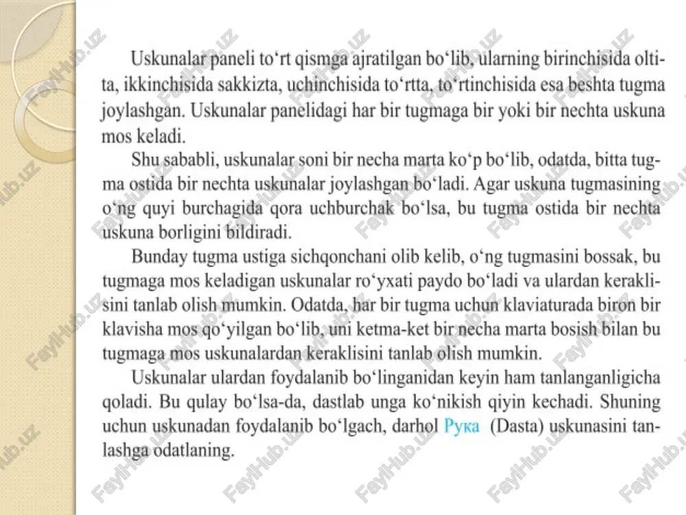 s) yordamida kichraytirish mumkin. «adobe photoshop» dastursi darchasi ostida stroka sostoyaniya satrida tasvir o`lchamlari haqida axborot beruvchi maxsus darcha mavjud. bu darchada tasvir o`lchamlari sonlarda ifodalangan. ushbu sonlarni o`zgartirish orqali tasvirning aniq o`lchamlari kiritiladi. tsvet perednego plana: ushbu asbob ustida kursor ikki marta ketma-ket bosilganda «adobe photoshop» dastursining yangi darchasi (tsvetopodborshik) hosil bo`ladi. bu darchada kerakli rang tanlanib, ok yoki "enter" tugmasi bosiladi va tanlangan rangni "karandash", "kist`", "gradient" kabi asboblari yordamida qo`llash mumkin. gorizontalniy shrift: ushbu tugma yordamida tasvirga turli matnlarni kiritish mumkin. tekst tugmasi aktivlashtirilib, kursor tasvir ustida bosilsa matn kiritish uchun alohida darcha hosil bo`ladi. bu darchada harf o`lchami, turi, rangi va boshqa o`lchamlari kiritiladi. bu asbob yordamida kiritilgan matnni qayta tahrirlash imkoni mavjud emas. uyga vazifa image2.png image3.png image4.png image5.png image6.png image7.png image8.png image9.png image10.png image11.png image12.jpeg image13.jpeg image14.jpeg image15.jpeg image20.jpeg image16.jpeg image17.jpeg image18.jpeg image19.jpeg image21.gif image22.jpeg image23.jpeg image24.jpeg image29.jpeg image30.jpeg image25.jpeg image26.jpeg image27.jpeg image28.jpeg image31.jpeg …