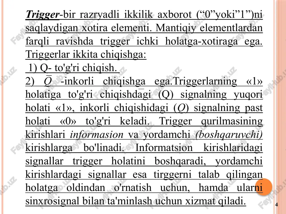 ing asosiy afzalligi — ularning soddaligidadir.biroq, bunday triggerlarning to‘g‘ri ishlashi uchun sinxrosignal (soat signali) aktiv holatda bo‘lgan vaqt oralig‘ida kirish signali barqaror, ya’ni o‘zgarmas bo‘lishi 2.1-rasm o.n.norboyev 25 ikki bosqichli (master–slave) trigger triggerning aynan sinxrosignalning o‘tish paytlarida holatini o‘zgartirishini ta’minlash uchun ikki bosqichli trigger sxemasi qo‘llaniladi.bunday triggerlar “master–slave” (ya’ni “yetakchi–bo‘ysunuvchi”) triggerlar deb ataladi.uning ishlash prinsipi quyidagicha:birinchi trigger — master (yetakchi) — sinxrosignalning yuqori darajasida faol bo‘ladi va kirish signallarini qabul qiladi. ikkinchi trigger — slave (bo‘ysunuvchi) — sinxrosignalning past darajasida faol bo‘ladi va master triggerdan kelgan ma’lumotni saqlaydi.shunday qilib, kirishdagi o‘zgarishlar faqat sinxrosignalning o‘tish momentlarida chiqishga ta’sir qiladi, bu esa keraksiz shaffoflikni bartaraf etadi.masalan, ikki dona sinxron rs-trigger olib, ularni ketma-ket ulaymiz. ularning sinxronlash (c) kirishlari esa invertor (teskari signal) orqali bog‘lanadi. natijada bir vaqtning o‘zida faqat biri faol bo‘ladi: master yoki slave. o.n.norboyev 26 raqamli signallar va vaqt diagrammasielektronikada raqamli signallarning vaqt diagrammasidagi turli qismlar uchun umumiy qabul qilingan …