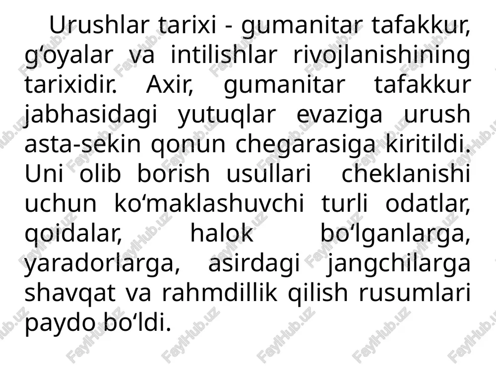 isoblanmaydi, vayron qilish, bosib olish maqsadi qaratilgan barcha ob’ektlar. harbiy ob’ektlardan farli o‘laroq, ular harbiy ahamiyatga ega bo‘lmaydi. konvensiya - qandaydir bir masala yuzasidan tuzilgan xalqaro shartnoma. genotsid - aholining ayrim guruhlarining irqi, millati yoki diniy e’tiqodiga qarab qirib yuborish. qochoq - irqi, diniy e’tiqodi, fuqarologi yoki siyosiy qarashlariga ko‘ra ta’qib qurboni bo‘lishdan to‘la asosli havotirlari tufayli o‘zi fuqaro bo‘lgan mamlakat tashqarisida yashab turgan va bu mamlakat himoyasidan foydalana olmaydigan shaxs. harbiy ob’ekt - fuqaroviy ob’ekt hisoblanmaydigan yo‘q qilish va bosib olish maqsadiga qaratilgan ob’ektdir. harbiy ob’ektga kombatantlar, harbiy muassasalar, transport vositalari va politsiyalar kiradi. yaradorlar va bemorlar - qurolli kuchlarning va ko‘ngillilar qo‘shinining orttirilgan kasallik yoki olingan jarohat tufayli safdan chiqqan va shu tariqa o‘zining bevosita harbiy majburiyatlarini bajara olmaydigan shaxsiy tarkibi. nazorat savollari: 1.qurolli to‘qnashuvlar huquqi qanday vujudga kelgan. 2.xalqaro insonparvarlik huquqining mazmunini aytib bering. 3.xalqaro insonparvarlik huquqining manbaalarini aytib bering. 4.qurolli to‘qnashuvlar huquqining asosiy prinsiplarini aytib bering. …
