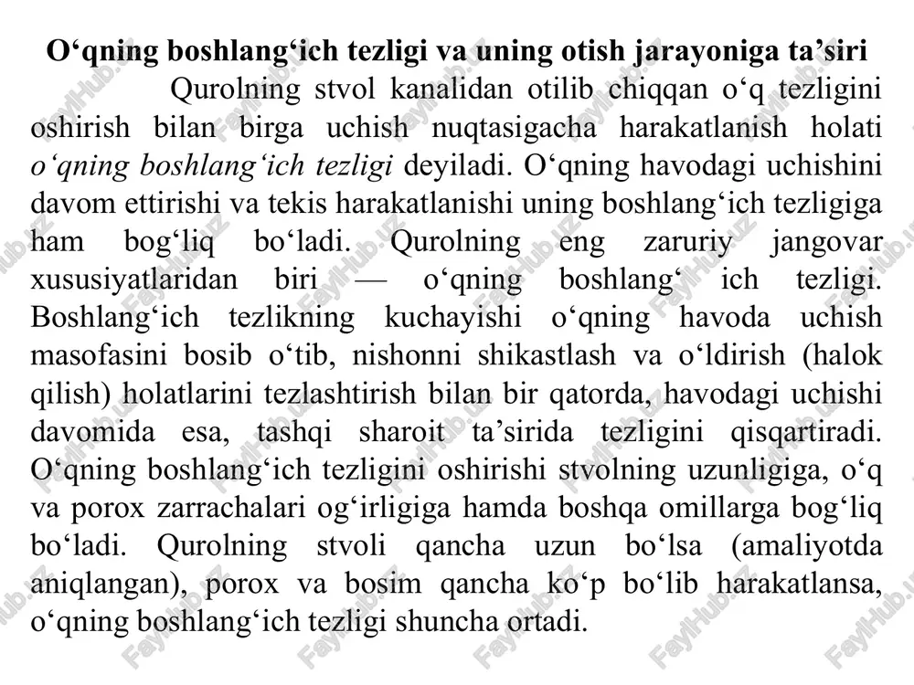 ) maydon deyiladi. yashirin pana joylar yuqori balandlikda joylashgan bo‘lsa, mo‘ljalga olish balandligi pastroq bo‘lib, o‘qning traektoriyasi (harakatlanish yo‘li) ravon bo‘ladi. shuni ham unutmaslik kerakki, berkitilgan o‘lik maydonlarda dushman o‘qlaridan epchillik bilan himoyalanish lozim bo‘ladi. berkitilgan maydonlarning yana bir qismida nishon shikastlantirilsa, shikastlantirilgan maydon masofasini tashkil etadi. bu holatda traektoriya (harakatlanish yo‘li) tarmog‘ining pasayishi mo‘ljal balandligini o‘zgartirmaydi. shikastlangan maydonlarda mo‘ljal balandligi er bag‘irlab ketgan traektoriya (harakatlanish yo‘li)ga burchak og‘ishi ham bog‘liqdir. nazorat savollari: 1.otish hodisasi va uning davrlarini aytib bering? 2.o‘qning boshlang‘ich tezligi va uni otishga ta’sirini aytib bering? 3. qurolning ortga turtishi (tepinishi)? 4. mo‘ljallash va uning elementlarini aytib bering? 5.tekis mushka qanday olinadi? 6.otish qanday to‘g‘rilanadi? 7.o‘q traektoriyasi qanday hosil bo‘ladi? 8.to‘g‘ri otish va uning amaliy ahamiyatini aytib bering? 9.to‘silgan bo‘shliq va uning amaliy ahamiyatini aytib bering? foydalanilgan adabiyotlar: 1. chaqnnvga qadar boshlang'ich tayyorgarlik. o‘rta ta’lim muassasalarining 10-sinfi va o‘rta maxsus, kasb-hunar ta’limi muassasalarining o‘quvchilari uchun darslik 1-nashri. …