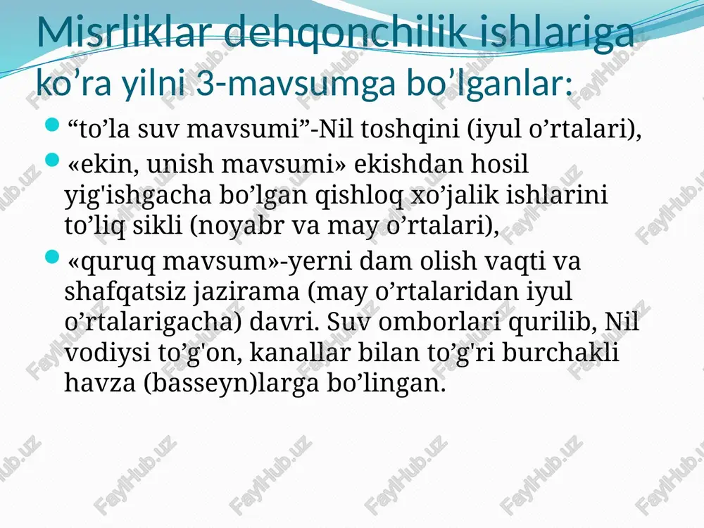 otmagan. ovchilik va baliqchilikka oid manzaralar qadimgi podsholik davri maqbaralarida yaxshi saqlangan. 4. iii va iv sulolalar. v va vi sulolalar (er. av 2700-2400 y) iii va iv sulola fir’avnlari davrida misr, xo’jalik va savdo-sotiqning taraqqiy etishi quldorlik kuchayishi, bosqinchilik urushlari, harbiy yurishlar mulkiy tabaqalanishni yanada tezlashuviga olib keldi. urushda olingan o’ljalarning katta qismi fir’avn va amaldorlar qo’lida to’plangan. shu davrga oid amaldorlarning qabrlari ularning nufuzidan dalolat beradi. bu maqbaralarning devorlarida o’sha zamonda yashagan qadimgi misrliklarning turmushi va maishiy ahvolini ko’rsatuvchi ajoyib tasvirlar saqlanib qolgan, iqtisod rivojlangan sari qullik xam taraqkiy etgan. qullar xam sug`orish shohobchalarida ishlashga majbur edilar. bu shohobchalar davlat hokimiyati, markaziy hukumatning nazorati ostida bo’lgan. umumdavlat axamiyatiga ega bo’lgan ulkan inshootlar, sun’iy sugorish havzalari, suv omborlari, kanal va to’g`onlar, shuningdek, sinfiy tuzumning mustahkamligi hamda din va kohinlar ilohiylashtirgan fir’avn hokimiyatining qudratidan darak beruvchi buyuk ibodatxonalar va podsho maqbaralari qullarning ogir mehnati tufayli bunyod bo’lgan. gerodot ma’lumotiga ko’ra, …