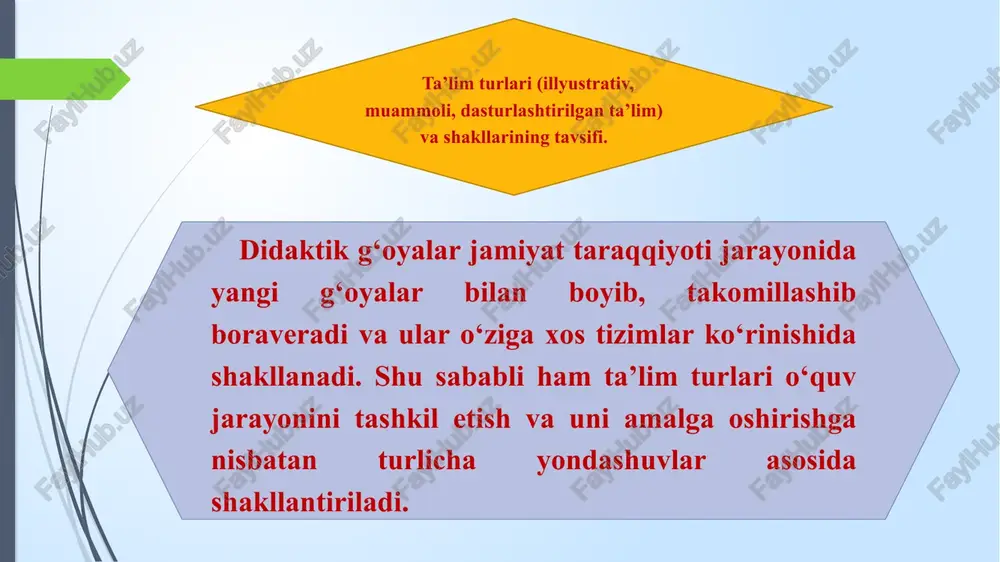 h (mantiqiy) amallaridan iborat bo‘lgan ketma – ket bosqichlardan iborat bo‘lishi; har bir bosqichning nazorat bilan yakunlanishi; nazorat topshiriqlarini to‘g‘ri bajargan ta’lim oluvchining yangi materialni o‘zlashtirish uchun olish imkoniyati va navbatdagi bosqichni bajarishga kirisha olish; to‘g‘ri javobni topishda ta’lim oluvchining yordamchi va qo‘shimcha tushuntirishlarni olishi; nazorat topshiriqlarini to‘g‘ri bajargan ta’lim oluvchining yangi materialni o‘zlashtirish uchun olish imkoniyati va navbatdagi bosqichni bajarishga kirisha olish; ta’lim jarayonida ta’lim beruvchining ta’lim tashkilotchisi va lozim topilganda mazkur jarayonda maslahatchi (boshqaruvchi) sifatida ishtirok etishi va individual yondashuvni amalga oshirishi; ta’lim jarayonida o‘qitishning o‘ziga xos vositalarining keng qo‘llanilishi (kompyuterli o‘rgatuvchi dasturlar, intellektuallashtirilgan dasturlar, kasbiy kompyuterli o‘yinlar, trenajerlar, nazorat qilish qurilmalari, o‘qitish mashinalari va shu kabilar). foydalanilgan adabiyotlar ro‘yxati: 1. antalogiya pedagogicheskoy misli uzbekistana. – moskva, 1986. 2. bekmirzaev r. fundamental fanlarni o‘qitishda yangi axborot texnologiyalarining qo‘llanilishi // “tibbiy fanlarni o‘qitish muammolari” mavzusidagi respublika ilmiy – uslubiy anjumani materiallari. – jizzax, 2006. – b. 175. 3. rahimov …