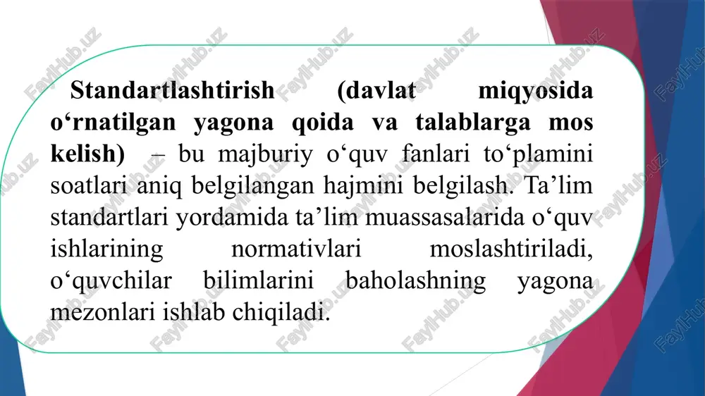 ganlarini fikrlashga imkon beruvchi metodlar erkin yozish. klaster. aqliy hujum. b-b-b chizmasi. chalkashtirilgan mantiqiy zanjirlar ketma-ketligi. semantik xususiyatlar tahlili. semantik xususiyatlar tahlili. b-b-b chizmasi. o‘qitish bo‘yicha qo‘llanma. bir-biriga o‘rgatish. bir-biridan so‘rash. ikki qismli kundaliklar. eng asosiy tushunchalar eng asosiy tushunchalar, takrorlash. t-chizma. konseptual jadval. venn diagrammasi. nilufar guli. besh minutlik esse. o‘n minutlik esse. interfaol metodlar ta’lim metodlarini tanlab olish shartlari 1. ta’limning umumiy maqsadlari. 2. fanning va o‘rganilayotgan mavzuning mazmuni hamda o‘ziga xosliklari. 3. biror fanni o‘qitish metodikasining o‘ziga xosliklari. 4. materialni o‘rganishga ajratilgan vaqt. 5. o‘quv mashg‘ulotining maqsadi, vazifalari va mazmuni. 6. o‘quvchilarning yoshi va bilish imkoniyatlari. 7. o‘quvchilarning tayyorgarlik darajasi. 8. ta’lim muassasasining moddiy ta’minlanganligi. 9. o‘qituvchining nazariy, amaliy va metodik tayyorgarligi, pedagogik mahoratni egallaganlik darajasi. ta’lim metodlari motivatsiyali rivojlantiruvchi tashkiliy tarbiyaviy ta’limiy ta’lim metodlarining asosiy funksiyalari ta’lim metodlarining funksiyalari ta’lim maqsadi va funksiyalari boshqaruv funksiyalari ta’limiy tarbiyaviy rivojlantiruvchi rag’batlash tashkil etish nazorat qilish toifalash jadvali ta’lim …