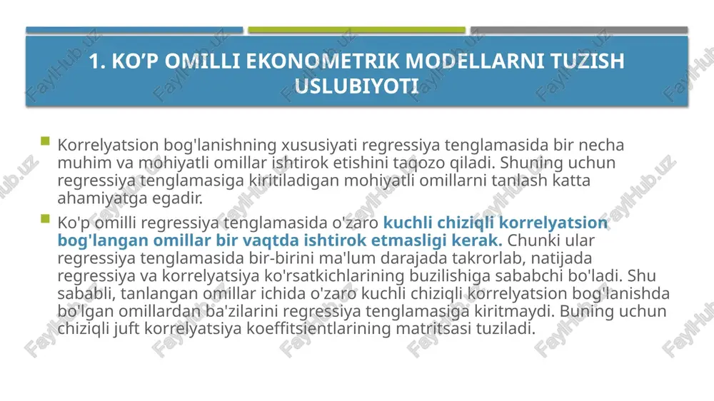 va elastiklik koeffitsientlarini hisoblash. agar biror parametr ushun bo’lsa, u holda bu parameter qabul qilingan daraja bilan mohiyatli hisoblanadi. ijtimoiy-iqtisodiy tekshirishlarda mohiyatlilik darajasi ushun 0,05 olinadi ya’ni ko’rsatkishlarning mohiyatli bo’lish ehtimoli: ga teng. 4. ekonometrik model parametrlarining iqtisodiy tahlili va elastiklik koeffitsientlarini hisoblash. regressiya tenglamasini tahlil qilishda elastiklik koeffitsientlaridan foydalaniladi. bu koeffitsient (e) omil belgining o’rtasha nesha foiz o’zgarishini ifodalaydi: agar natijaviy va omil belgilarining ko’shimcha o’sish sur’atlari bir xilda bo’lsa, u holda elastiklik koeffitsienti birga teng bo’ladi (). agar omil belgining qo’shimsha o’sish sur’ati natijaviy belgining ko’shimcha o’sish sur’atidan yuqori bo’lsa, u holda bu koeffitsient birdan kichik buladi () va aksincha (). faqat bog’lanishning ko’rsatkishli ifodasi uchun elastiklik koeffitsienti o’zgarmas mikdor bo’ladi, ya’ni image1.png image2.png image3.png image4.png image5.png image6.png image7.png image8.png image9.png image10.png image11.png image12.png image13.png image15.png image16.png image17.png /docprops/thumbnail.jpeg