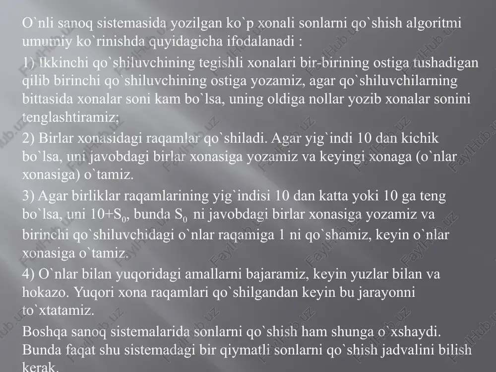 `nli va boshqa pozitsion sanoq sistemalarida sonlarni bo`lish. sonlarni bo`lish texnikasi haqida so`z borar ekan, bu jarayon qoldiqli bo`lish amali kabi qaraladi. ta’rifni eslaylik. butun nomanfiy a sonni b natural songa qoldiqli bo`lish deb, a=bq+r va 0 r< b bo`ladigan butun nomanfiy q va r sonlarni topishga aytiladi, q soni esa to`liqsiz bo`linma deyiladi. bir xonali va ikki xonali sonlarni bir xonali songa bo`lganda bir xonali sonlarni ko`paytirish jadvalidan foydalaniladi. endi ko`p xonali sonni bir xonali songa bo`lish qanday amalga oshirilishini aniqlaymiz. 346 ni 4 ga bo`lish kerak bo`lsin. bu degani shunday to`liqsiz bo`linma q va r qoldiqni topish kerakki, ular uchun 346=4 q + r , 0 r< 4 bo`lsin. shuni aytish kerakki, 346 va 4 sonlarni to`liqsiz bo`linmasi q ga bo`lgan talabni quyidagicha yozish mumkin: n·q 346<n (q+1). 1-misol. berilgan misolni 5-lik sanoq sistemasi foydalanib, bir xonali sonlarni qo`shish va ko`paytirish jadvalini tuzamiz. qo`shish jadvali ko`paytirish jadvali + …