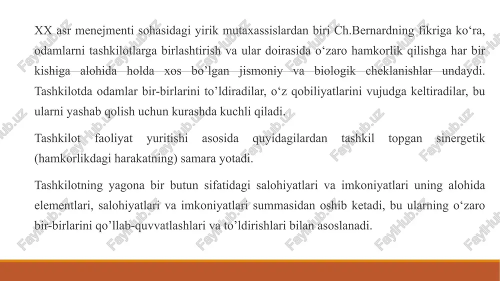 tashkiliy tuzilma; — tashkilot ichidagi jarayonlar; — texnologiya; — xodimlar; — tashkiliy madaniyat. tashqi muhit tashkilotni resurslar bilan ta’minlovchi manba hisoblanadi. bunda tashkilot ham, o‘z navbatida, buning uchun to‘lov sifatida tashqi muhitga o‘z faoliyati natijalarini berishi kerak. shunday qilib, tashkilot tashqi muhit bilan doimiy ravishda o‘zaro almashinish holatiga ega. hozirgi vaqtda tashkilotlar (korxonalar)ning tashqi muhiti hammadan avval quyidagilar bilan ta’riflanadi: — katta noaniqlik; — dinamiklik; — oldindan aytib bo’lmaslik; — murakkablik; — ba’zi bir tashabbuskorlik bilan. tashkilotlar faoliyatini turkumlashtirish. tashkiliy tuzilmalarning turlari mehnatning to’g’ri taqsimlanishi tashkilotning muhim ta’riflari hisoblanadi. hatto agar ikki kishi bir maqsadga erishish uchun birgalikda ishlayotgan bolsa ham ular o‘zaro mehnatni taqsimlashlari kerak. ishni tashkil qiluvchi tarkibiy qismlarga bunday taqsimlanish mehnatning gorizontal bo’linishi deb ataladi. tashkilot (korxona)ning tashkiliy tuzilmasini- tashkilotni boshqarish tizimini o‘zaro boglangan va bo‘ysunish tartibida joylashtirilgan, maqsadga yo‘naltirilgan holda faoliyat yuritish va uni rivojlanishini ta’minlashga qaratilgan elementlarning tartibga solingan yig’indisi sifatida belgilash mumkin. vertikal boshqaruv …
