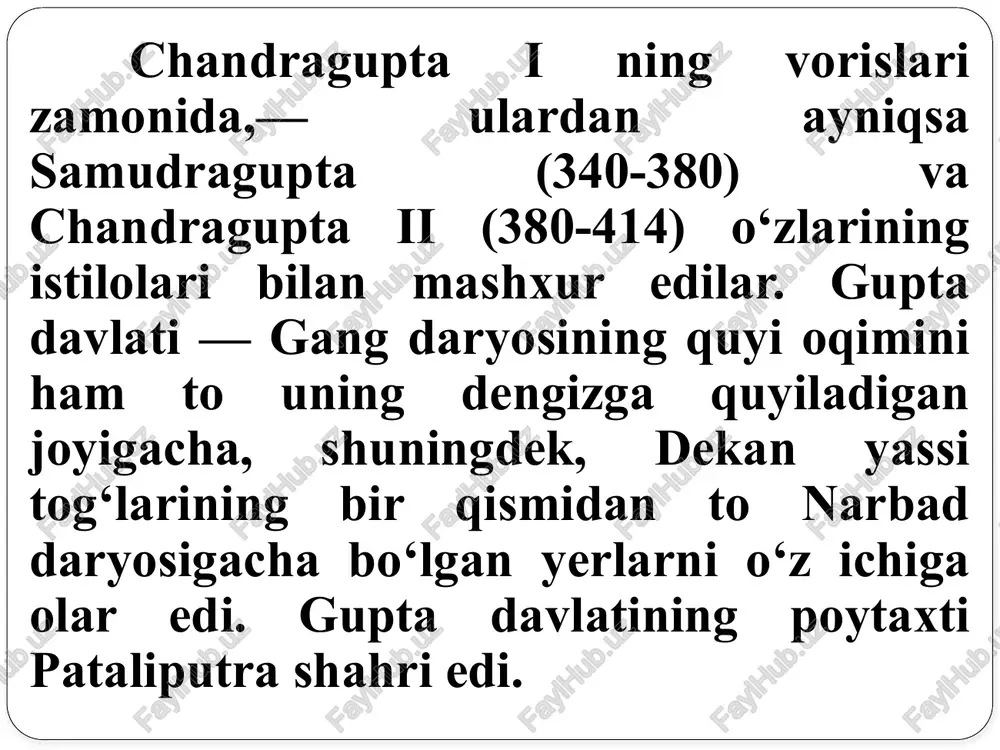 i engillashtirdi. gupta davrida qulchilik tugatilib, feodalizm tug‘ila boshlaganligini bir qancha faktlardan ko‘rish mumkin. qullar tez-tez erkin qo‘yib yuboriladigan va muayyan xizmatlarni o‘tash sharti bilan ularga uncha katta bo‘lmagan yer uchastkalari ajratib beriladigan bo‘ldi. podsho xo‘jaligidagi yerlarning hammasida ham qullar ishlamas edi, bu yerlarning talay qismi hosilning bir qismini podsho xo‘jaligiga topshirish sharti bilan ijaraga berilar edi. mayda ijarachilikka o‘tilishiga sabab, manbalarning ko‘rsatishicha, qullarning etishmasligi edi. shu bilan bir vaqtda qishloq jamoasining o‘z ichida muhim jarayonlar yuz bermoqda edi. ishlab chiqaruvchi kuchlarning o‘sishi va ishlab chiqarish qurollarining takomillashishi natijasida kichikroq oilaning kuchi bilan ham xo‘jalik yuritish mumkin bo‘lib qoldi. katta oilalar mayda-mayda oilalarga bo‘linib ketdi; katta oilaga qarashli chek yerlar ham parchalanib ketdi; bunda tung‘ich o‘g‘ilga ukalariga qaraganda yer ko‘proq ajratib berilar edi. oddiy jamoachilarning bir qismi xonavayron bo‘lib, jamoaning ancha boyroq a’zolariga qaram xoliga tushib qolar edi. jamoa ichida ekspluatatorlar qatlami bunyodga kelar edi, bularning juda ko‘p mol hayvonlari …