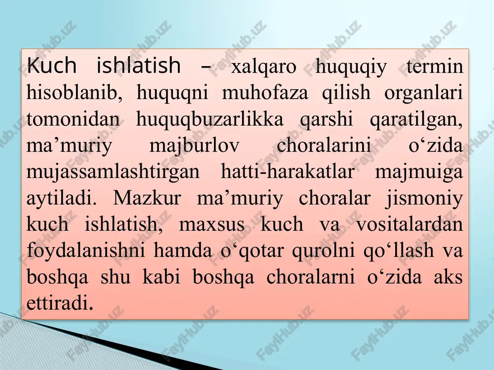 chisiga (xodimiga) qilingan hujumni qaytarishdai; jinoyatga yoki ma’muriy huquqbuzarlikka barham berishda; milliy gvardiyaning harbiy xizmatchisiga (xodimiga) qarshilik ko‘rsatilishiga barham berishda; jinoyatni sodir etishi chog‘ida yoki uni sodir etganidan keyin darhol ko‘rib qolingan, yashirinishga urinayotgan shaxsni ushlashda; qurolli qarshilik ko‘rsatishi mumkin bo‘lgan shaxsni ushlashda”; ushlab turilgan shaxslarni olib borish va qo‘riqlashda, shuningdek qochishga urinishini, atrofdagilarga yoki o‘ziga zarar yetkazishini bartaraf etish maqsadida; zo‘ravonlik bilan ushlab turilgan shaxslarni, egallab olingan binolarni, xonalarni, inshootlarni, transport vositalarini va yer uchastkalarini ozod qilishda; fuqarolarning hayoti va sog‘lig‘iga, jamoat xavfsizligiga tahdid soluvchi ommaviy tartibsizliklarga hamda boshqa g‘ayrihuquqiy xatti-harakatlarga chek qo‘yishda; haydovchisi milliy gvardiya harbiy xizmatchisining (xodimining) to‘xtash to‘g‘risidagi talabini bajarmagan transport vositasini to‘xtatishda; jinoyatlar yoki ma’muriy huquqbuzarliklar sodir etayotgan yoxud sodir etgan shaxslarni aniqlashda; muhofaza qilinadigan obyektlarni himoya qilishda, g‘ayrihuquqiy xatti-harakatlarni sodir etayotgan fuqarolar guruhlarining harakatlanishini to‘sib qo‘yishda; qurol qo‘llash taqiqlanadi homiladorlik belgilari sezilib turgan ayollarga, nogironlik belgilari ko‘rinib turgan shaxslarga hamda yoshi aniq ko‘rinib turgan …