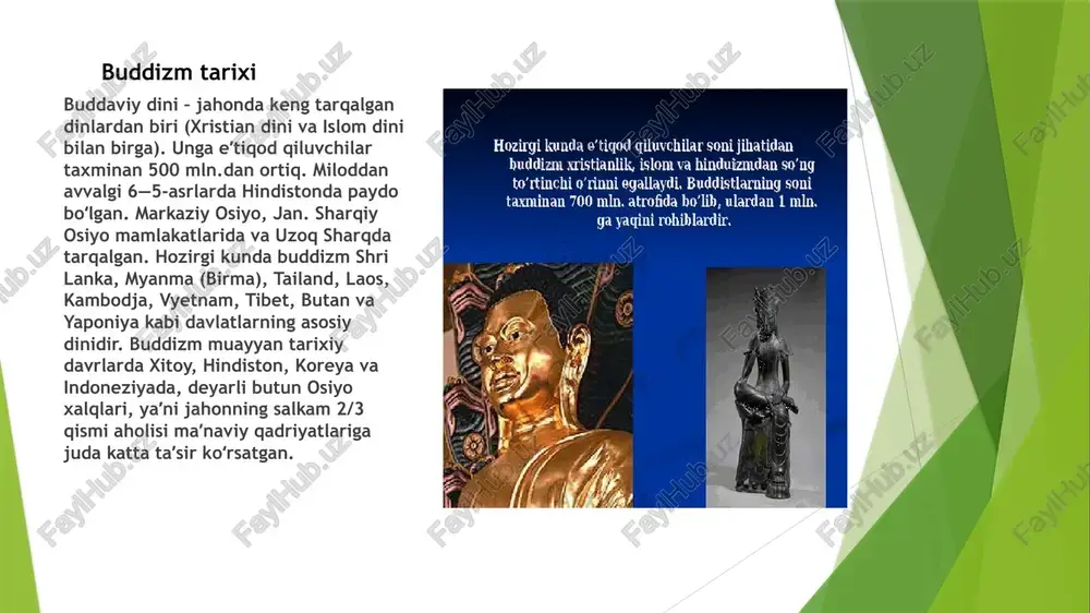 olingan va u toshkentda joylashgan[1]. „jaeunsa“ („mehr“) nomli buddist ibodatxonasi toshkentning chekkasida joylashgan boʻlib, oʻzbekistonda 1991-yildan beri faoliyat koʻrsatayotgan yagona buddistlar ibodatxonasi hisoblanadi.[2] buddizm haqida qiziqarli faktlar 1. buddizm - bu boshqalardan farq qiluvchi din. buddistlar xudolarga ishonishmaydi. ular yaxshilikka va o'limdan so'ng hayot borligiga ishonadilar. keyingi hayotda yaxshiroq yashash uchun, to'g'ri yashash kerak. bu karma tuzilishiga ta'sir qiladi. yomon hayot keyingi hayotda yomon karmani hosil qiladi. 2. "buddizm" so’zi hind tilidagi "budhi" so'zidan kelib chiqqan. bu donolikni anglatadi. o'z navbatida, budda - "shaxzoda". bu shaxs inson qalbining istaklarini bilishga muvaffaq bo'lgan eng dono odam sifatida tasvirlangan. 3. buddist rohiblar hech qanday sharoitda o’zlari ovqat tayyorlashmaydi. ular ovqatni sadaqa sifatida so'rashlari kerak. bu mashhur diniy ta'limotlari haqida imkon qadar ko'proq ma'lumot tarqatish uchun qilinishi kerak. 4. buddizm, har bir insonning hayoti turli hodisalarga to'la, deb ta’kidlaydi. barchamiz ertami-kechmi turli sinovlarni yengib chiqamiz. bu azoblarda odamning o’zi aybdor. qalbimiz badanimizdan yuqoriga …