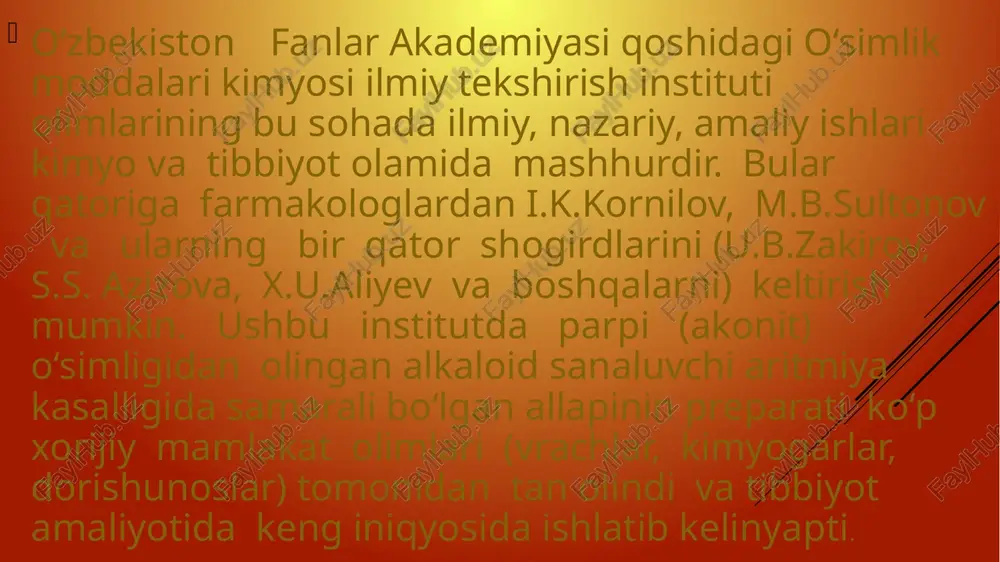 o‘simlikdan ajratib olingan biologik faol moddalar saqlangan poroshok, tabletkalar va b.) bu yuborish yuli qulay- tabiiy bo‘lishiga qaramasdan bir qator kamchiliklarga (dori ta’sirining sekin ro’yobga chiqishi yoki uni etarli darajada yoki butunlay bo‘lmasligi va b.) ega. chunki qabul etilgan dorining ta’siri uning ichakda turli omillar (ichakning holati, kasalligi, ovqat massasini ichakda bo’lishi va b.) ta’sirida o’zgaruvchan so'rilishiga bog' liqdir. boshqacha aytganda, qabul qilingan dorining qondagi konsentratsiyasi (miqdori) har xil, asosan kamayishi mumkin. bu degan so‘z dorining effekti ham etarli darajada yoki butunlay bo‘lmasligi mumkin. dori vositalarining tanaga parenteral yo'l bilan yuborishga in’eksiya, ingalyatsiya va sirtga qo’llashlari kiradi. in’eksiya (ukoi) qilish bilan asosan suvda va yog’da eruvchi dori vositalari qo'llanadi. bu yo'lning o'ziga xosligi - ta’sirning tez yuzaga chiqishi, ishlalilgan dori dozasining qonda aniq bo'lishi - inobatga olinib, ko’pchilik bemorga tez tibbiy yordam ko’rsatishda qo’l keladi. dorivor o’simliklar tarkibidan ajratib olingan yakka yoki bir necha biologik faol moddalarni (alkaloidlar, gulikozidlar va …