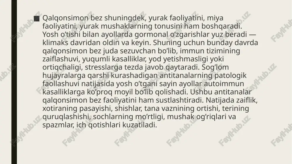 yod tanqisligi xastaligidir. ko’pchilik hollarda bolalarda kasallikning diffuz (tarqoq) shakli rivojlanadi. jsstning tadqiqotlariga ko’ra, o’tgan 10 yil mobaynida bolalarda buqoq shakllanishi 6% ga o’sdi va umumiy bolalar endokrin kasalliklarining chorak qismiga teng bo’ldi. bunday yuqori ko’rsatkichlar noto’g’ri ovqatlanish, shuningdek, salbiy ekologik sharoit bilan bog’liq. 30% holatlarda buqoq 14 yoshdan keyin tashxislanadi. bolalarda kasallikning belgilari yaqqol namoyon bo’ladi. bundan tashqari, faqatgina bolalarda ushbu kasallik o’ziga xos endemik kretinizmning shakllanishi kabi asorat qoldirishi mumkin. ushbu shakl nafaqat intellektual, balki jismoniy rivojlanishdan ortda qolish hamda markaziy asab tizimining buzilishi bilan kechadi. buqoq kasalligini tashxislash buqoqni tashxislash uchun laborator qon va siydik tahlillari qo’llaniladi. kasallikning har qanday klinik belgisi bo’lgan odamning qoni ttg, t3, t4 va tireoglobulin kabi gormonlar nisbati uchun tekshiriladi. tashxis, kasallikning turiga duch kelganlarda odatda tireoid gormonlar muvozanatining buzilishi va tireoglobulinning ko’payishi bilan bog’liq. shu bilan birga, siydik orqali yodning ajralishi qisqargan bo’ladi. buqoqni tashxislashning instrumental usuli ultratovush tekshiruv (utt, uzi) …