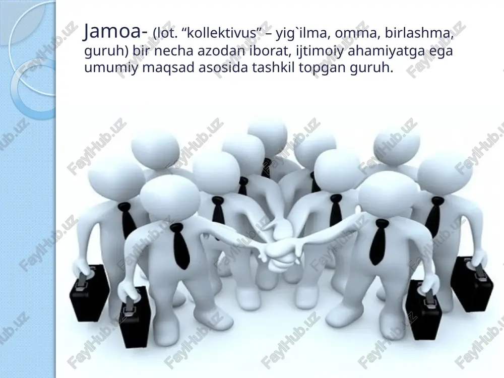n bir guruh doirasidagi hodisa. bu psixologik iqlimni yuzaga keltiradi. ijtimoiy kayfiyatni yuzaga keltiruvchi asosiy omil - bu guruhdagi shaxslararo munosabatlardir. jamoa tafakkuri. bu quyidagi xususiyatlar bilan ajralib turadi: jamoa tafakkuri jarayonida har bir jamoa a`zosining yuzaga kelgan vazifalarni hal qilishda bir maqsadga intilib harakat qilishi kuchayadi, jamoa tafakkuri hal qilinishi lozim bo`lgan vazifani o`ylab, har tomonlama yoritib olish imkonini beradi, dadillik bilan tashabbus ko`rsatish qobiliyatiga ega bo`ladi, tanqidiy qarash ortadi, bu esa o`z - o`zini tanqid qilishning ortishiga olib keladi. jamoadagi moslik shaxs boshqa kishilar bilan munosabatga kirishar ekan, u o`zining fe`l - atvori va xatti -harakatlarini boshqalarning xatti - harakatlari bilan uyg`unlashtirib olib borishi, ya`ni har bir shaxs jamoa a`zolari bilan sig`ishishi kerak. buning uchun shaxs boshqa a`zolarni chug`ur o`rganishi lozim. jamoadagi shaxslararo munosabatlarni, ya`ni shaxslarning bir - birlariga yordam berishlarini, do`stlashishi, janjallashishi, yarashishlarini o`rganib chiqish kerak bo`ladi. jamoadagi munosabatlarni o`rganish rahbarlik qilish imkoniyatini tug`diradi. shaxs jamoada boshqalarga …