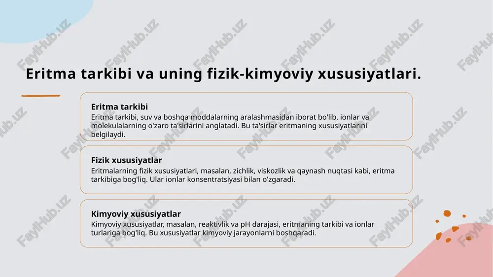 ko'rsatadi. u eritma muvozanatini va kimyoviy reaktsiyalarni boshqarishda muhim rol o'ynaydi. 2 organik va noorganik ph darajasi organik va noorganik birikmalarning xususiyatlarini belgilaydi. masalan, kislotali muhitda noorganik reaktlar tezroq reaksiya qiladi, bu esa jarayonlarni tezlashtiradi. 3 biologik jarayonlar ph darajasi biologik jarayonlarda, masalan, fermentlar faoliyatida muhimdir. har bir ferment optimal ph darajasida samarali ishlaydi, bu esa organizmning sog'liq holatini ta'minlaydi. kimyo jarayonlarida ph darajasining ta'siri. 01 ph va kimyo ph darajasi kimyoviy jarayonlarda muhim rol o'ynaydi, reaktsiyalar tezligini va mahsulotlarning hosil bo'lishini ta'sir qiladi. 02 reaksiyalar tezligi ph darajasining o'zgarishi, reaktantlar va mahsulotlar orasidagi muvozanatni o'zgartiradi, bu esa kimyoviy reaktsiyalarning tezligini oshirishi yoki pasaytirishi mumkin. 03 katalizatorlar ta'siri katalizatorlar ph ga bog'liq bo'lib, ularning samaradorligi ph darajasiga ko'ra o'zgaradi, bu esa jarayonlarning samaradorligini oshirishi mumkin. 04 biologik jarayonlar ph darajasi biologik jarayonlarda, masalan, fermentlar faoliyatida muhim ahamiyatga ega. har bir ferment o'zining optimal ph darajasida eng samarali ishlaydi. kuchli va …