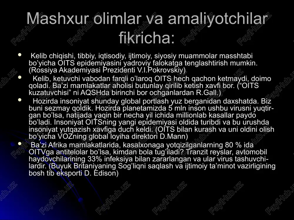 yat oivdan himoyalanish ushun hesh narsa qila olmaydi deb hisoblaydi. 23 foizi oiv infektsiyasiga ega insonni bir qarashda bilsa bo`ladi deb o`ylaydi. 40% 23% 55% 60% 25% 23% 100% nima uchun oiv bilan kasallanganlarning ko`pchiligini yoshlar tashkil etadi? ko`pchilik yoshlar ularga oiv/oits dan himoyalanishga yordam beruvchi ma`lumotlar va xizmatlardan foydalanish imkoniga ega emaslar. ko`pchilik yoshlar tijorat seks xizmatlaridan foydalanish xavfi to`g`risida ma`lumotga ega emaslar. ko`pchilik yoshlar tomirga yuborish orqali narkotik qabul qilish va oiv xavfi o`rtasidagi o`zaro aloqa xususida ma`lumotga ega emaslar. ko`pchilik yoshlar oiv infektsiyasiga ega bo`lgan narkomanlarni bir qarashda bilib olsa bo`ladi deb o`ylaydilar. yoshlarning ko`pchiligi narkomanlar bilan himoya qilinmagan jinsiy aloqaga kirishish juda xavfli ekanligini bilmaydilar. ko`pchilik yoshlar oiv/oits masalalarini o`z do`stlari bilan muhokama qilishni noqulay hisoblaydilar (javob berganlarning to`rtdan biri), bu mavzuni o`z oila a`zolari bilan muhokama qilish yanada noqulay hisoblanadi (har o`ntadan biri). yunisefning «bolalar uchun oitsga qarshi kurashda birlashing» harakatining maqsadi oiv/oitsdan zarar ko`rgan …