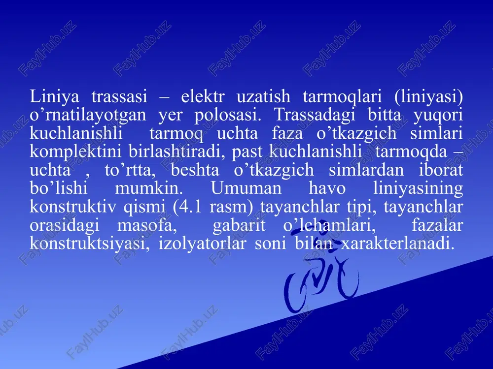 , qo’rg’oshin qoplamali (s), po’lat tasmalar bilan o’ralgan bronya qoplamali (b), tashqi ximoya qoplamali – erda transheyada yotqizishga mo’ljallangan kabel; osb-35–3×70 markali kabel – xuddi yuqoridagidek kabel, faqat mis simli. 0,38–10 kv kuchlanishli kabellarni ulanish joyini mustahkamligini saqlab turish, korroziya va mexanik zararlanishlardan ximoyalash uchun ular mufta ichiga joylashtiriladi. 35 kv kuchlanishgacha kabellarni ulashda po’lat, shishaplastikli po’latdan, alyuminiy qotishmalaridan va plastikli korpuslar ishlatiladi. 4.14, a-rasmda uch tolali kabelni muftada ulanishi ko’rsatilgan. ulanadigan kabellarni oxiri rasporka (masofada tutqich) vositasida ulanadigan holatda tutib turiladi, kabel simlari tegishli usulda bir biriga mahkam ulanadi. kuchlanishi 10 kv va undan past bo’lgan, plastmassa izolyatsiyali, binolar ichida o’rnatiladigan kabellar uchun quruq bo’laklagichlar qo’llaniladi. (4.15, v -rasm). kabelning bir biridan ajratilgan faza simlari 3 yopishqoq polixlorvinil lenta 5 bilan mahkam o’raladi va ustidan laklanadi; kabelning oxiri kabellar uchun ishlatiladigan massa 7 va va kabel qoplamalarini 2 ustini yopuvchi izolyatsiyalovchi perchatka 1 bilan germetiklanadi, perchatka oxiri va sim …