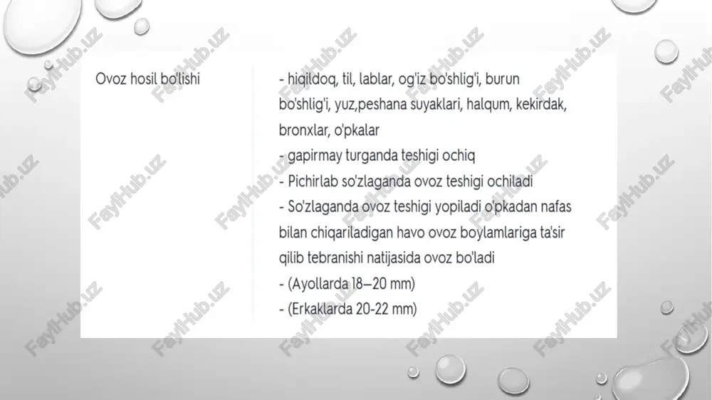 ona tili uchun xos bo‘lgan akustik xususiyatlardan tashqari ayni bir insongagina xos bo‘lgan individual xususiyatlarga ham ega bo‘lgan fonemalar shakllanadi.nafas tizimi a’zolarining tuzilishidagi o‘ziga xos xususiyatlardan tashqari eshitish qobiliyati, og‘iz bo‘shlig‘ining tuzilishi va tanglay-halqum sohasining holati singari mezonlar ham ovozning akustik parametrlariga katta ta’sir ko‘rsatadi. ma’lumki, fonatsion nafasni shakllantirmay turib ovoz sifatini yaxshilashning deyarli iloji yo‘q. ekspirator mushaklar faoliyatini yaxshilash va havo oqimini ratsional tarzda sarflash hisobiga ovoz boylamlari ostidagi bosim zaxirasidan foydalanish ovoz kuchini 30 – 80 db (detsibell) gacha oshirish imkonini beradi. nafas chiqarish va ovoz boylamlarining birikish vaqti bir-biriga qay darajada mos kelishiga bog‘liq tarzda tovushni turlicha yetkazib berish usullari – ovoz zarbasi (ovoz atakasi) farqlanadi. ovoz atakasining uchta turi mavjud: qattiq, nafasli, yumshoq. qattiq ataka (zarba)da avvaliga ovoz boylamlari birikadi, keyin esa nafas chiqarish jarayoni amalga oshiriladi. nafasli zarbada avvaliga yengil nafas chiqariladi, keyin esa ovoz boylamlari birikadi va tebrana boshlaydi. yumshoq atakada nafas chiqarish jarayoni …