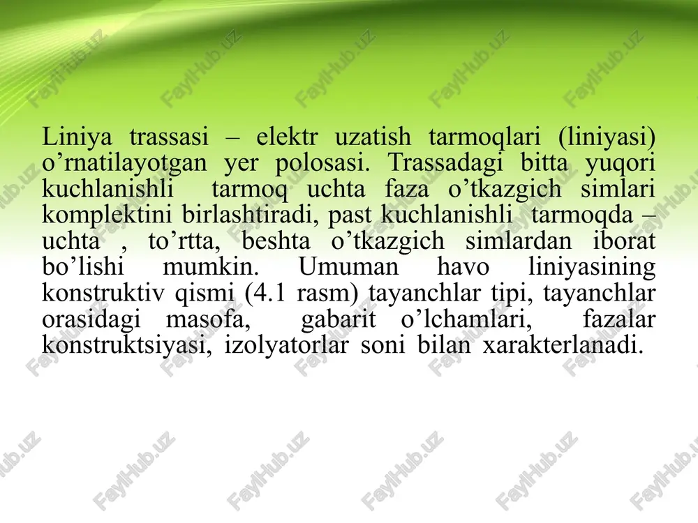 qo’rg’oshin qoplamali (s), po’lat tasmalar bilan o’ralgan bronya qoplamali (b), tashqi ximoya qoplamali – erda transheyada yotqizishga mo’ljallangan kabel; osb-35–3×70 markali kabel – xuddi yuqoridagidek kabel, faqat mis simli. 0,38–10 kv kuchlanishli kabellarni ulanish joyini mustahkamligini saqlab turish, korroziya va mexanik zararlanishlardan ximoyalash uchun ular mufta ichiga joylashtiriladi. 35 kv kuchlanishgacha kabellarni ulashda po’lat, shishaplastikli po’latdan, alyuminiy qotishmalaridan va plastikli korpuslar ishlatiladi. 4.14, a-rasmda uch tolali kabelni muftada ulanishi ko’rsatilgan. ulanadigan kabellarni oxiri rasporka (masofada tutqich) vositasida ulanadigan holatda tutib turiladi, kabel simlari tegishli usulda bir biriga mahkam ulanadi. kuchlanishi 10 kv va undan past bo’lgan, plastmassa izolyatsiyali, binolar ichida o’rnatiladigan kabellar uchun quruq bo’laklagichlar qo’llaniladi. (4.15, v -rasm). kabelning bir biridan ajratilgan faza simlari 3 yopishqoq polixlorvinil lenta 5 bilan mahkam o’raladi va ustidan laklanadi; kabelning oxiri kabellar uchun ishlatiladigan massa 7 va va kabel qoplamalarini 2 ustini yopuvchi izolyatsiyalovchi perchatka 1 bilan germetiklanadi, perchatka oxiri va sim tolalari …