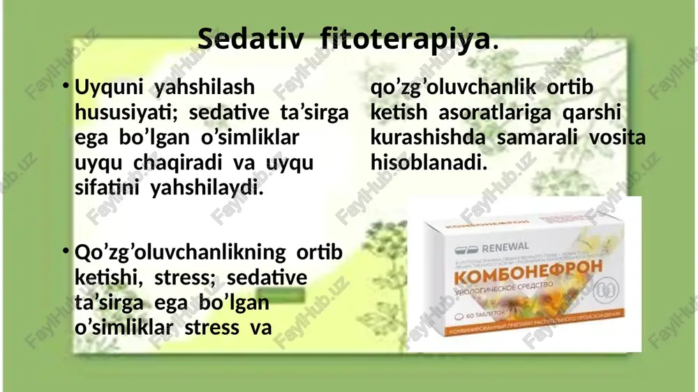 allig’lanishga qarshi hususiyatga ega. uning yallig’lanishga qarshi ta’siri tarkibidagi oshlovchi moddalar, flavanoidlar hamda vitamin p bilan bog’liq. bu moddalar epithelial to’qimalarning zichligini ta’minlaydi, hujayra membranalarining, qon tomirlari va limfa tomirlarining o’tkazuvchanligini kamaytiradi. achchiq moddalar va efir moylari sqqlovchi shalfey barglari oshqozon – ichak traktining sekretsiya ishlab chiqarish faoliyatini oshiradi, birozgina spazmolitik ta’;sirga ham ega. shalfey barglari qo’llanilishi. og’iz bo’shlig’i va xalqumni chayish uchun. sirtdan vannalar qabul qilish uchun; vul’vit va vaginitlarda sprintsovka qilish uchun qo’llaniladi. bo’g’inlar og’riganda kompleks davolash tadbirlarida vanna va applikatsiya sifatida qo’llaniladi. shalfey bargi bir qator oshqozon va ko’krak yig’maklari tarkibiga kiradi. rp.: inf. foliae salvia 20,0 – 200,0 d. s . chayqash uchun. o’rab oluvchi vositalar o’rab oluvchi vositalar suv bilan kolloid eritmalar hosil qilish hususiyatiga ega. o’rab oluvchi vositalarning ta’sir mehanizmi shundan iboratki, ular yallig’langan yuza bilan ta’sirlashganda teri to’qimalari va sezgir asab tolalarining oxirlarini o’rab olib, tashqi ta’sirlardan himoya qiluvchi qatlam hosil qiladi. bundan …