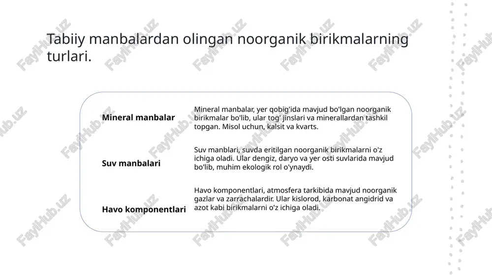 tabiiy manbalardan olinadigan noorganik birikmalar, ekologik barqarorlikni ta'minlaydigan yangi usullarni taklif etib, atrof-muhitga salbiy ta'sirni kamaytiradi. xulosa 01 noorganik birikmalar ahamiyati noorganik birikmalar tabiiy manbalardan olinadi va ular kimyo, ekologiya va sanoat jarayonlarida muhim rol o'ynaydi. 02 tabiiy manbalar va innovatsiyalar tabiiy manbalardan olingan noorganik birikmalar yangi innovatsion imkoniyatlarni yaratib, sanoat va ilmiy tadqiqotlarda yangi yutuqlarni taqdim etadi. 03 ekologik ta'sir va muvozanat noorganik birikmalar ekologik tizimlar uchun ahamiyatlidir, ularning izchil o'zaro ta'siri tabiat muvozanatini saqlashda muhim hisoblanadi. e'tiboringiz uchun rahmat! /docprops/thumbnail.jpeg