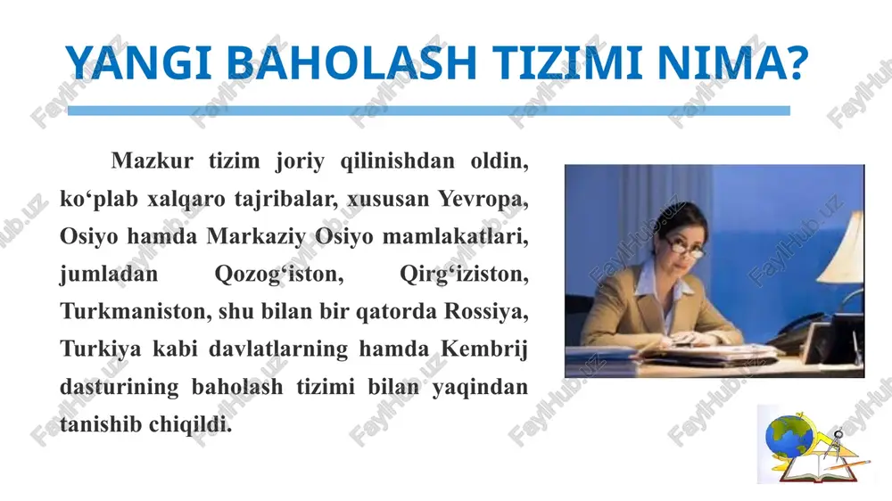 ra qiyosiy tahlillari doimo metodbirlashmalar yig‘ilishida ko‘rib boriladi. 35 fanni bilish darajasini belgilovchi milliy va xalqaro sertifikatlarni olgan hamda xalqaro fan olimpiadalarida sovrinli oʻrinlarni egallagan oʻquvchilarga mazkur oʻquv yilining yakuniga qadar, mahalliy fan olimpiadalari respublika bosqichida sovrinli oʻrinlarni egallagan oʻquvchilarga bir marta choraklik summativ baholashda qatnashmaslik uchun imtiyoz beriladi. 36 summativ baholash topshiriqlarini bajarish barcha oʻquvchilar uchun majburiydir. bsb va chsb kunlari darsga kelmagan o‘quvchilarga qayta topshirish imkoniyati beriladi. agar o‘quvchi sababli dars qoldirgan bo‘lsa, to‘plagan bali qo‘yiladi, biroq sababsiz qatnashmagan bo‘lsa, “3” baho (qoniqarli) dan ortiq ball berilmaydi. 37 elektron jurnalda sb (summativ baho) hosil qilish 38 e’tiboringiz uchun rahmat! 39 image8.svg image5.png image10.svg image6.png image12.svg image7.png image14.svg image1.png image2.svg image2.png image4.svg image3.png image6.svg image4.png image8.png image9.png image10.jpeg image11.png image13.png image14.png image12.png image15.png image16.png image17.png image33.svg image18.png image19.png image20.png image21.png image22.png image23.png image24.png image25.png image26.png image27.png image28.png image29.png image31.svg image30.png image25.svg image31.png image27.svg image32.png image29.svg image33.png image34.png image35.png image36.png …