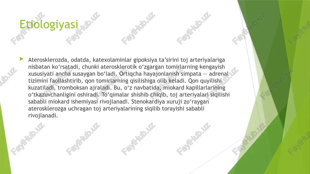 nishining buzilishi (arteriyalar aterosklerozi, trombozi, spazmi) natijasida yurak muskulida infarkt hosil boʻladi. miokard infarktining rivojlanishiga gipertoniya kasalligi, qandli diabet, semirib ketish, kashandalik, kam harakat qilish, jismoniy va ruhiy zoʻriqish sabab boʻladi. juda koʻp hollarda miokard infarkti stenokardiya zaminida roʻy beradi. miokard infarktining asosiy belgilaridan biri yurak muskulining maʼlum bir qismiga birdan kam qon borishi natijasida shu joyda kislorod va oziq moddalar miqdorining kamayib ketishi tufayli koʻkrak sohasida uzoq muddatli qattiq ogʻriq paydo boʻlishidir. asosan, koʻkrak qafasining markazi (toʻsh orqasi) yoki chap yarmida achchiq (kuydiruvchi), qisuvchi davomli ogʻriq tutadi va u koʻpincha yuqoriga, oʻngga, chap qoʻlga yoki ikkala qoʻlga, orqaga, pastki jagʻ sohasiga tarqaladi. ogʻriq bir necha soat, baʼzan hatto bir sutka davom etadi, boʻshashish, muzdek ter bosishi, oʻlim vahimasi, hansirash, yurak faoliyatining buzilishi, qonda va elektrokardiogramma (ekg)da oʻzgarishlar roʻy beradi. ogʻriq xurujlari bilan kechadigan boshqa kasalliklarda ham ekg da oʻzgarishlar boʻlishi mumkin. shuning uchun faqat vrach bemorni tekshirib natijalarini tahlil …