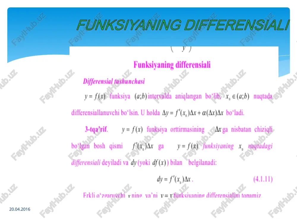 eb qaralsa birinchi qo‘shiluvchi, agar u(x)v(x) darajali funksiya deb qaralsa ikkinchi qo‘shiluvchi hosil bo‘ladi. misol. y=xx-1 funksiyaning hosilasini toping. yechish. (1) formulani qo‘llaymiz. y’=y(lnxx-1)’=xx-1((x-1)lnx)’= xx-1(lnx+1 ). hosila jadvalni to’ldiring. hosilani klaster yordamida yoriting. logarifmik va daraja-ko‘rsatkichli funksiyalarning hosilasi nimaga teng? 1. quyidagi murakkab funksiyalarning hosilalarini toping: a) y=(3x3-4x2+7)6; b) y= ; c) y= ; d) y=arctg(3-x2). 2. ushbu f(x)=x3 funksiyaga teskari bo‘lgan funksiyaning x=5 nuqtadagi hosilasini toping. 3. giperbolik (shx, chx, thx va cthx ) funksiyalarning hosilalari uchun formulalar keltirib chiqaring. 4. teskari giperbolik funksiyalarning hosilalari uchun formulalar keltirib chiqaring. 5. quyidagi funksiyalarning hosilalarini toping: a) y=3xtgx; b) y=ln34x; c) y=sin3x+21-2x; d) y= . mustaqil yechish uchun misol va masalalar o’tilgan mavzu bo’yicha savol-javob h s l 0 i a 1 3 4 6 5 2 30 1) ratsional hamda irratsional sonlar umumiy nom bilan qanday sonlar deb nomlanadi ? 2) y=f(x) - (x-) ko’rinishidagi tenglama f(x) funksiyaning m(f() nuqtasida …