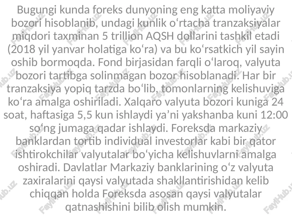 shi boʻyicha keyingi nazariya bu xarid qila olish pariteti nazariyasi hisoblanadi. ushbu nazariya yagona narx nazariyasiga oʻxshash boʻlib, bunda bir davlatda narxlarining ikkinchi mamlakatdagi narxlarga nisbatan oshishi uning valyutasining ikkinchi davlat valyutasiga nisbatan devolivatsiya yaʼni qadrining pasayishiga (ikkinchi mamlakat valyutasining birinchisining valyutasiga nisbatan qadrining oshishiga) olib keladi. birinchi misolga qaytadigan boʻlsak, yaponiyada narxlarning aqshdagiga nisbatan 10 foizga oshishi, aqsh dollarining yapon iyeniga nisbatan 10 foizga oshishi (yapon iyenining aqsh dollariga nisbatan 10 foizga pasayishi)ga olib keladi. yuqori taʼkidlanganidek, foreksda valyutalar ayriboshlash orqali foyda koʻriladi, yaʼni ularning ayriboshlash kurslari orasidagi farqni toʻgʻri taxmin qila oladigan investorlar bu vaziyatda yetarlicha foyda koʻrishlari mumkin: bir qarashda foreksda daromad koʻrishdan osonroq ishning oʻzi yoʻqdek tuyulsada, buning uchun yetarlicha tahlil qila olish qobiliyatiga ega boʻlish talab etiladi. foreksda treyder oʻzi uchun valyutalar juftligini tanlab olishi zarur. misol uchun, yevro va aqsh dollari, shunda ularning valyuta juftligining foreksdagi koʻrinishi eur/usd boʻladi. foreksda daromad olish uchun ushbu …