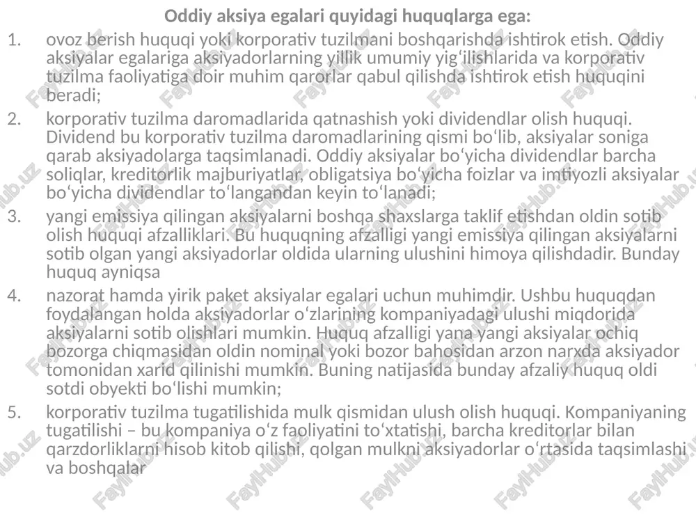 i (qoʻyilgan kapitalga qatʼiy foiz tariqasida belgilangandan yuqori qoʻshimcha dividendlar olish) va jamiyatni boshqarishda qatnashish huquqini (aksiyadorlar umumiy yigʻilishida ovoz berish) beradi. aniqrogʻi, bunday imtiyozli aksiyalar oddiy aksiyalar kabi boʻlib qoladi. odatda, bunday aksiyalar aksiyadorlik kapitalda tegishli ulushga ega boʻlgan aniq aksiyadorlar uchun chiqariladi. qayta chaqirib olinadigan prefaksiyalar – korporatsiyalar qayta chaqirib olinadigan imtiyozli aksiyalarni emissiya qilganda, ularni nominalga nisbatan ustama bilan qayta chaqirib olish huquqini oʻzida qoldiradi. qayta chaqirib olinmaydigan prefaksiyalar ularni muomalaga chiqargan korporatsiya faoliyat yuritayotgan muddatgacha soʻndirilmaydi. shu bilan, qayta chaqirib olinmaydigan prefaksiyalar oʻz navbatida shakllangan kapital tarkibini belgilangan bir muddatga muzlatib qoʻyadi. aksiyalar obligatsiyalarga qaraganda yuqori riskli qimmatli qogʻozlar hisoblanadi. dividendlardan va aksiyalar bahosi oʻsishi hisobiga shakllanadigan yuqori foyda olish imkoniyati investorlarni jalb qilishga xizmat qiladi. aksiyalarning yuqori daromadliligi odatda qarz majburiyatlari bilan taqqoslaganda inflyatsiyadan yaxshigina himoyani taʻminlaydi. aksiya va obligatsiyalarni baholash texnikasi pul oqimlarini diskontlashning yagona modeliga asoslanishiga qaramasdan, aksiyalar qiymati va daromadliligini aniqlash quyidagi …