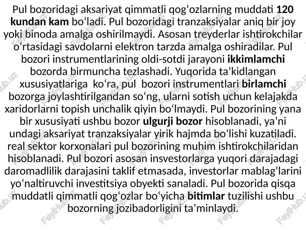lamiz, abc kompaniyasi yaponiyaning xyz kompaniyasidan buldozer sotib olmoqchi, ammo xyz kompaniyasi pulni qoʻlga kiritishdan oldin buldozerni yuborish niyatida emas, sababi u kompaniya haqida unda yetarli maʼlumot yoʻq. oʻz navbatida abc kompaniyasi ham buldozerni qabul qilishdan avval pulni oʻtkazib berish niyatida emas. ushbu vaziyatda bank bankerʻs acceptanceni emissiya qilish orqali eksport qiluvchi tomon nomidan import qiluvchi tomonga kafolat beradi. ushbu qimmatli qogʻoz qisqa muddatli yaʼni 30 kundan 180 kungacha boʻlib, ikkilamchi bozorda ushbu muddat tugaguniga qadar sotilishi ham mumkin. bank bu vaziyatda oʻz xizmati uchun 2-3% atrofida haq oladi. 6. yevrodollar (eurodollars). dollarning barqaror valyuta ekanligini inobatga olgan holda aksariyat shartnomalar dunyo boʻyicha aqsh dollarida amalga oshiriladi. shu sababdan koʻplab kompaniyalar va davlatlar dollarda zaxira saqlashni afzal koʻradi. yevrodollar xorijiy banklar yoki amerika banklarining xorijiy filiallarida dollarda shakllantirilgan depozitlar hisoblanadi. pul bozori instrumentlarini taqqoslaydigan boʻlsak, ularning foiz stavkalari orasida deyarli tavofut yoʻq. ularning barchasi diskontlash amaliyotini qoʻllash orqali soʻndirilishini inobatga …