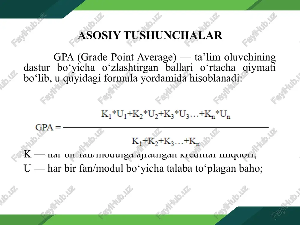 g davomiyligi akademik taqvim asosida bakalavriat ta’lim yo‘nalishlari, magistratura mutaxassisliklari va kurslar bo‘yicha belgilanadi. yozgi semestr quyidagi reglament asosida tashkil qilinadi: talaba yozgi semestr boshlanguniga qadar oliy ta’lim muassasasi o‘quv-metodik bo‘limi (boshqarmasi)ga o‘zining yozgi semestrda o‘qishi istagini bildiradi; oliy ta’lim muassasasi ushbu talabalarga yozgi semestr uchun dars jadvalini tuzadi va talaba to‘lov pulini to‘laganidan so‘ng darslarga kiritiladi; yozgi semestr amaldagi baholash tizimi asosida talabalar bilimini shaffof baholash tamoyiliga ko‘ra tashkil qilinadi. talabalarni o‘qishdan chetlashtirish, qayta tiklash, kursdan kursga o‘tkazish mexanizmlari bir fanga ajratilgan auditoriya soatining 25 foizini va undan ortiq soatni sababsiz qoldirgan talaba ushbu fandan chetlashtirilib, yakuniy nazoratga kiritilmaydi hamda mazkur fan bo‘yicha tegishli kreditlarni o‘zlashtirmagan hisoblanadi. yakuniy nazorat turiga kiritilmagan yoki kirmagan, shuningdek, ushbu nazorat turi bo‘yicha qoniqarsiz baho olgan talaba akademik qarzdor hisoblanadi. talabalarni o‘qishdan chetlashtirish, qayta tiklash, kursdan kursga o‘tkazish mexanizmlari ta’lim oluvchini kursdan kursga o‘tkazish uning gpa qiymatini hisobga olgan holda amalga oshiriladi. otm talabalarni …
