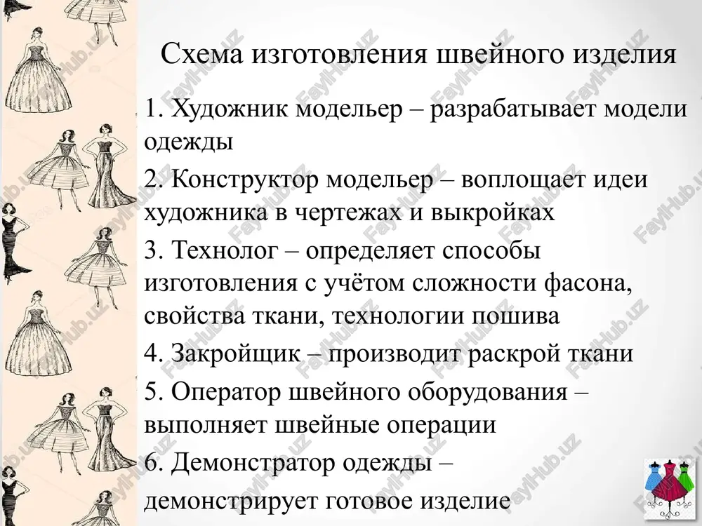 rmi vireza gorlovini modelirovanie izmeneniem formi vireza gorlovini modelirovanie izmeneniem formi vireza gorlovini modelirovanie koketki koketka – otreznaya detal odejdi, kotoraya obrazuet eyo verxnyuyu chast. forma linii po kotoroy otrezaetsya koketka mojet bit lyuboy: pryamoy, lomanoy, krugloy, figurnoy. modelirovanie koketki modelirovanie pryamoy koketki modelirovanie koketki i rasshirenie niza izdeliya modelirovanie xalata s zastyojkoy speredi algoritm modelirovaniya: 1. sozdat eskiz modeli. 2. sostavit opisanie vneshnego vida modeli. 3. izmenit osnovu vikroyki v sootvetstvii s modelyu. pristupaya k modelirovaniyu neobxodimo: 3.1 izuchit eskiz modeli. 3.2 opredelit, na kakix uchastkax nado sdelat izmeneniya cherteja, chtobi poluchit jelaemuyu model. 3.3 nanesti vspomogatelnie linii izmeneniya na chertej osnovi. 3.4. virezat vikroyku. algoritm modelirovaniya (primer) nochnaya sorochka pryamogo silueta. rukav korotkiy tselnokroeniy. virez gorlovini i niz sorochki v forme «misa». otdelka krujevo. material –x/b opisanie vneshnego vida modeli nazvanie, naznachenie (nochnaya sorochka, xalat domashniy, sarafan, tunika…) tkan (xlopchatobumajnaya, lnyanaya, smesovaya, shyolkovaya) siluet (pritalenniy, prilegayushiy, poluprilegayushiy, pryamoy, …