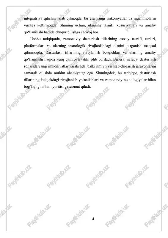 nlaydi. php esa server tomonidagi dasturlash uchun keng qo‘llaniladi. bu tillar veb texnologiyalarining rivojlanishi bilan birga yangi imkoniyatlar yaratmoqda. shuningdek, maxsus tillar ham mavjud bo‘lib, ular ma’lumotlar bazasi va muhandislik sohalariga mo‘ljallangan. sql ma’lumotlar bazasini boshqarish uchun ishlatiladi, matlab esa ilmiy va muhandislik hisoblashlar uchun qulay vositadir. ularning har biri o‘z sohasida muhim va o‘ziga xos rol o‘ynaydi. zamonaviy dasturlash tillarining tasnifida ular asosiy paradigmalar va platformalar bo‘yicha ajratiladi, va bu tasnif dasturchilarga loyiha ehtiyojlari va texnologik muhitga mos tillarni tanlashda yordam beradi. har bir guruhning o‘ziga xos afzalliklari va cheklovlari bo‘lsa-da, ularning barchasi texnologik rivojlanish va innovatsiyalar bilan birga o‘sib bormoqda. yangi tillar va ularning versiyalari paydo bo‘lishi bilan dasturlash imkoniyatlari kengayib, dasturchilar uchun yangi imkoniyatlar ochilmoqda. shu bilan birga, zamonaviy dasturlash tillarining rivojlanishi bilan bog‘liq muhim jihatlardan biri, ular bilan ishlashda yangi metodologiyalar va texnologiyalar — masalan, sun’iy intellekt va mashina o‘qitish — bilan integratsiya qilish ehtiyojidir. bu …