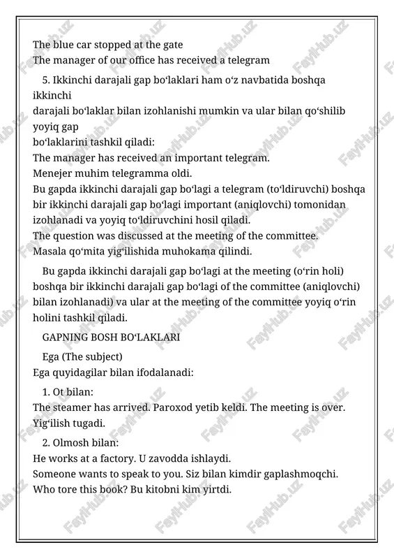 ieved … hisoblashlaricha… it is expected … taxmin qilinishicha… 5. gapning egasi kesimdan keyin kelib infinitive, gerund yoki ergash gapdan ifodalanganda ham soxta ega it ishlatiladi: it was difficult to find a suitable steamer. mos paroxodni topish qiyin edi. it’s no use telling him about it. bu haqda unga aytishning foydasi yo‘q. it was clear that he would not come. uning kelmasligi ma’lum edi. kesim (the predicate) 1. kesim sodda va qo‘shma kesimga bo‘linadi. qo‘shma kesim ham o‘z navbatida qo‘shma ot-kesim va qo‘shma fe’l-kesimga bo‘linadi: he learns french (sodda kesim). u fransuz tilini o‘rganadi. my father is a doctor (qo‘shma otkesim). mening otam — doktor. i must go there at once (qo‘shma fe’l-kesim). men u yerga zudlik bilan borishim kerak. sodda kesim sodda kesim zamon, nisbat va maylga ega bo‘lgan fe’l bilan ifodalanadi: she works at a factory. u zavodda ishlaydi. he is reading. u o‘qiyapti. they will return soon. …