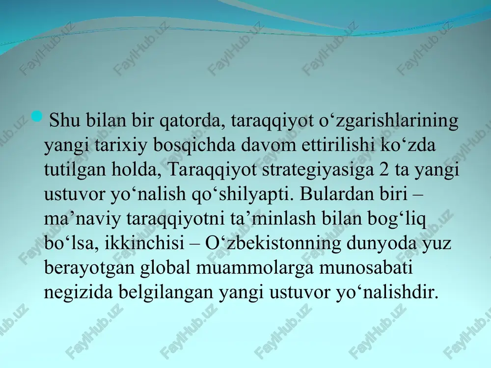 taraqqiyot trendlariga to‘la mos keladi. shuni ham aytish joizki, o‘zbekiston respublikasi oliy majlisi palatalarining qo‘shma qarori bilan barqaror taraqqiyot maqsadlarini amalga oshirish bo‘yicha konstitutsiyaviy parlament komissiyasi tuzilgan. yangi o‘zbekiston – xalqchil davlat yangi o‘zbekistonning 2022–2026 yillarga mo‘ljallangan taraqqiyot strategiyasini 2022 yilda amalga oshirish bo‘yicha “yo‘l xaritasi” loyihasida “davlat xalqqa xizmat ko‘rsatishi shart” g‘oyasini tatbiq etishni nazarda tutuvchi “xalqchil davlat” milliy dasturini ishlab chiqish vazifasi zimmamizga yuklangani bejiz emas. albatta, ushbu dastur loyihasi, ilg‘or xorijiy davlatlarning tajribasini inobatga olgan holda, belgilangan muddatda ishlab chiqiladi va taqdim etiladi. yangi o‘zbekistonda mutlaqo yangi milliy huquqiy tizim shakllanmoqda. bu davrda “inson, uning huquqlari, erkinliklari, ayniqsa, qadri – eng muhim qadriyat” degan tamoyil e’tirof etilmoqda. shu munosabat bilan milliy qonunchilik va huquqiy amaliyotda “shaxs – jamiyat – davlat” tamoyilini mustahkamlash kerak. zero, yangi o‘zbekiston taraqqiyot strategiyasida yillar davomida amal qilib kelgan “davlat – jamiyat – inson” tamoyili “inson – jamiyat – davlat” tamoyiliga o‘zgartirilmoqda. o‘z …