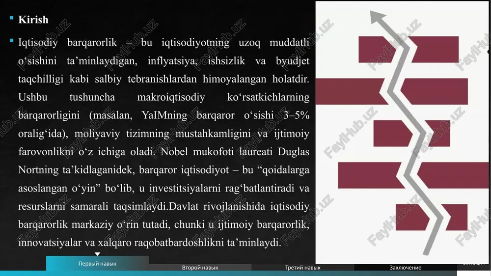 titutlari basel iii talablariga rioya qilib, kapital adekvatligini 12% da saqlaydi stranitsa 11 sug‘urta, pensiya va investitsiya fondlarining iqtisodiy barqarorlikdagi o‘rni sug‘urta risklarni taqsimlaydi, pensiya fondlari uzoq muddatli jamg‘armalarni boshqaradi, investitsiya fondlari kapitalni yo‘naltiradi. bu institutlar shoklarga qarshi bufer yaratadi.misoli – chilining pensiya tizimi (afp): shaxsiy hisoblar yimning 70% ini jamg‘aradi, iqtisodiy barqarorlikka hissa qo‘shadi. aqshda 401(k) pensiya rejalari 20 trillion dollar aktivga ega. o‘zbekistonda sug‘urta bozori rivojlanmoqda, 2023-yilda primiyalar 15% oshdi.chuqur tahlilda, fondlarning diversifikatsiyasi muhim: 2008-yilda pensiya fondlari 20% yo‘qotdi, ammo tiklandi. ekologik risklarni sug‘urtalash (catastrophe bonds) barqarorlikni oshiradi. stranitsa 12 kichik biznes va tadbirkorlikni qo‘llab-quvvatlovchi institutlar kichik va o‘rta biznes (kob) bandlikning 60-70% ini ta’minlaydi. qo‘llab-quvvatlash institutlari – inkubatorlar, kredit kafolatlari, soliq imtiyozlari.misoli – germaniyaning kfw banki kobga arzon kreditlar berib, eksportni oshiradi. o‘zbekistonda tadbirkorlikni qo‘llab-quvvatlash jamg‘armasi 2023-yilda 1 millionta ish o‘rni yaratdi.chuqur tahlilda, yozef shumpeterning “ijodiy halokat” nazariyasiga ko‘ra, tadbirkorlik innovatsiyalarni rag‘batlantirib, barqaror o‘sishni ta’minlaydi. raqamli platformalar …