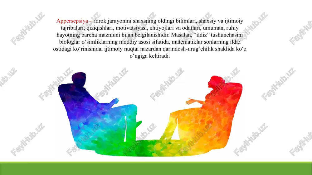 dir. odatda ikki xil illuziya farqlanadi: a) obyektiv illuziya; b) subyektiv illuziya. obyektiv illuziya - hamma odamlar uchun umumiy xarakterga ega bo‘lib, uni geometrik illuziya deb ham yuritiladi. obyektiv illuziya biz idrok qilayotgan narsalaming o‘zaro bir-biriga ta’siri tufayli yuz beradi. subyektiv illuziyalar- odamning ayni chog‘dagi hissiy holati bilan bog’liq bo’ladi. boshqacha qilib aytganda, odamning hissiy holatida ro‘y beradigan o ‘zgarishlar idrok jarayoniga ta’sir qiladi. masalan, yuqorida aytib o‘tilganidek, odam kechasi yolg‘iz ko‘chada qo‘rqib ketayotgan bo’lsa , har bir sharpa uning qo'rqinch hissini kuchaytirib yuboradi. natijada uning ro‘parasidan chiqib qolgan butalgan daraxt qandaydir dahshatli mavjudotga o‘xshab ko‘rinadi. foydalanilgan adabiyotlar ro‘yhati: f.a. akramova “ijtimoiy psixalogiya” toshkent 2007. a.k.shamshetova, r.n.melibayeva, x.e.usmanova, i.o.xaydarov. umumiy psixologiya. o‘quv qo‘llanma. - t.: «barkamol fayz media», 2018. - 272 b. f.f.rasulova “umumiy psixalogiya” toshkent 2022. e’tiboringiz uchun rahmat! image1.png image2.png image3.png image4.png image5.png image6.png image7.png image8.png image9.png image10.png image11.png image12.png image13.png image14.png image15.png image16.png image17.png image18.png image19.png image20.png …