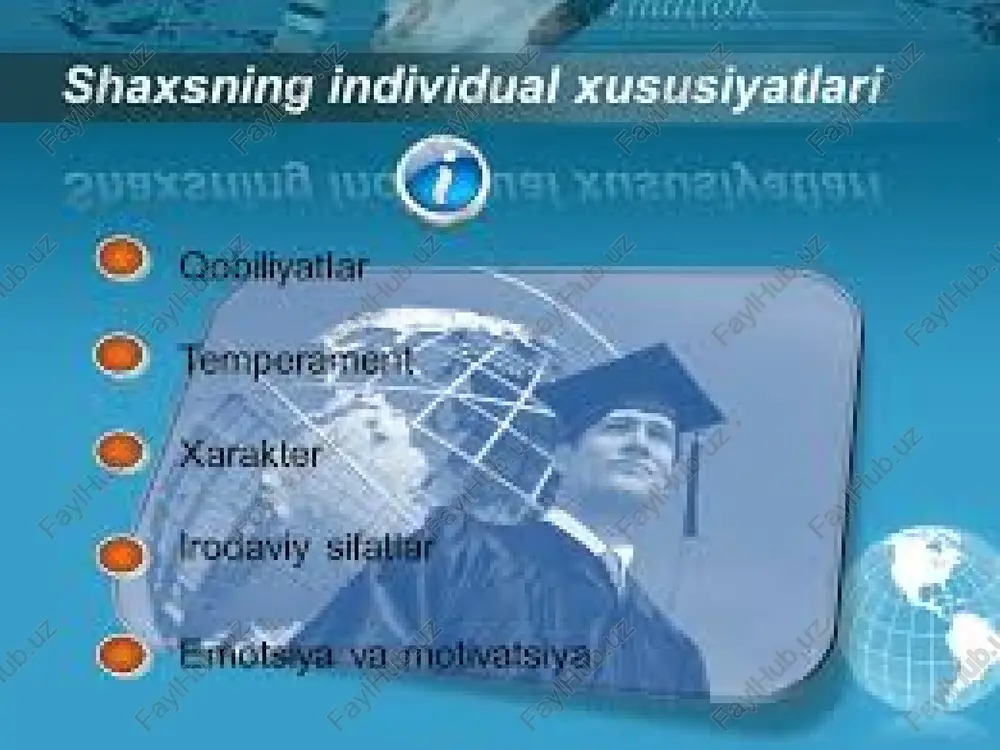ilar. flegmatik temperamentli bolalar yuvosh, mo’min qobil bo’ladi. ular ko’pchilikka ham aralashadigan, tortinchoq va hech kimga tegmaydigan, birovni ranjitmaydigan bo’ladilar. agar birov ular bilan urish chiqarmoqchi bo’lsa, o’zlarini chetga olishga harakat qiladilar. ular shovqin-suronli, harakatli o’yinlarga moyil bo’lmaydilar. bu hil temperamentli bolalar jizzaki bo’lmaydilar va odatda ular o’yin-kulgilarga moyil emaslar. temperamentning gumoral nazariyasi suyuqliklarning aralashmasi: sangus – qon (asosiy sifati - issiqlik). hole – safro (asosiy sifati - quruqlik). melanos – qora safro(asosiy sifai - namlik). flegma – balg’am (asosiy sifati - sovuqlik). gumoral nazariya – temperamentning g’arb va sharqda bir xil tarzda o’rganilgan nazriyasi hisoblanadi. temperamentning tana tuzilishi bilan psixika belgilarini o’zaro bog’lovchi nazariyasi konstitutsional nazariya deb ataladi respirator (nafas oluvchi) tip – tos suyagi tor. digestiv (ovqat hazm qilish) tip -katta qorinli, jag’lari katta. muskilli tip – tos qismi o’rtacha. serebral tip – tanasi qisqa. i.p. pavlov nazariyasi u.sheldon endomorf turga – yumshoqlik, dumaloq tana tuzilishi, sust rivojlangan …