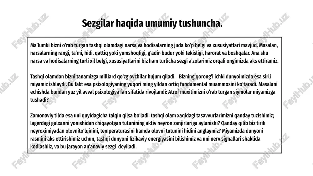 seskantiruvchi ta’sirida sezuvchanlikning oshishi ham moslashish deb ataladi. moslashishning bu turi ijobiy moslashish hisoblanadi. bu turga, masalan, qorong‘ilik ta’sirida ko‘rish analizatori sezuvchanligining oshishida kuzatiladigan qorong‘ilikka moslashish kiradi. sezgilarning umumiy qonuniyatlari. sezgilarning tasnifi va bu boradagi tadqiqotlarni tahlil qilamiz. dastlabki mulohazalar interoretseptiv sezgilar u borasida rus psixologi a.r.luriya tadqiqot ishini olib borgan. uning fikricha, interoretseptiv sezgilar asl, tub, ma’nodagi sezgilar emas, balki emotsiyalar bilan sezgilar o‘rtasidagi oraliq sezgilar sifatida namoyon bo‘ladi. psixologiya fanida mazkur sezgilar to‘la o‘rganilmaganligi sababli uni “noma’lum hislar” deb atalgan. bu asosan ichki organlarning xastaliklarida vujudga keluvchi holatlarni diagnostika qilishda alohida ahamiyat kasb etadi. interoretseptiv sezgilarning fiziologik mexanizmlari intero-sepsiya bilan birgalikda k.m.bikov, v.n.chernigovkiylar tomonidan atroflicha o‘rganilgan. ularning fikriga ko‘ra, bu narsalarning barchasi shartli reflektor faoliyati mexanizmlaridan kelib chiqadi proprioretseptorlar harakatning afferent asosi ekanligini a.orbeli tomonidan, hayvonlarda p.k.anoxin, odamlarda esa n.a.bernshteynlar tomonidan o‘rganilgan. e’tiboringiz uchun rahmat! raimqulova rayhon mahmudova rushana rizayeva robiya