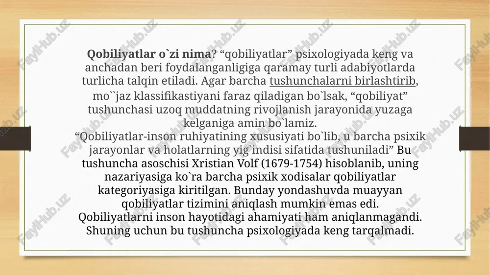 zimida quyidagi qismlarni kiritganlar. a) didaktik qobiliyatlar-o`quv materialini o`quvchilarga tushunarli, aniq, yoshiga mos holda o`qitish, ta`limga qiziqishni uyg`otish, ularda mustaqil fikrlashni shakllantirish: b) akademik qobiliyatlar-turli fanlar (matematika, fizika, biologiya, tarix, va hokazo.)ga doir bilimlarga ega bo`lish. v) persteptiv qobiliyatlar-o`quvchining ichki duyosiga kira olish qobiliyati, psixologik kuzatuvchanlik, uning psixologik holatini to`g`ri anglay olish: g) maxsus xususiyatlar (tashkilotchilik xis, psixologik kashfiyotchilik, psixologik takt; emostional-irodaviy ta`sir etish, talabchanlik, tanqidiylik, tashkilotchilik faoliyatiga moyillik) qiziqishlar-qiziqish biron-bir sohada to`g`ri yordam beradigan motivdir. individ uchun qiziqish, sub`ektiv tarzda olganda, bilish jarayoni tusini kashf etadigan ijobiy xissiy ohangda, ob`ekt bilan chuqurroq tanishishga, u haqda ko`proq bilish, uni anglab etishga bo`lgan istakda namoyon bo`ladi. qiziqishlar bilishning doimiy qo`zg`atuvchi mexanizmi sifatida namoyon bo`ladi. qiziqishlar mazmuniga, maqsadlariga, miqyosiga va barqarorligiga ko`ra tasnif qilinishi mumkin. qiziqishlarning mazmuni jihatidan farqi bilish ehtiyojlarining ob`ektlarini va ularning mazkur faoliyat maqsadlari uchun va kengroq qilib olganda, shaxs mansub bo`lgan jamiyat uchun real ahamiyatini ko`rsatadi. kishidan ko`proq …