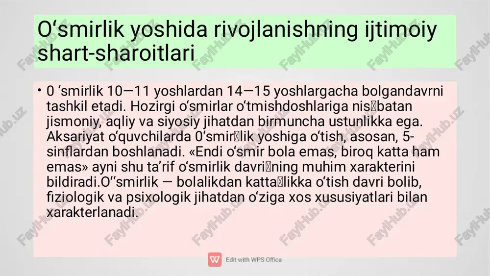 irganda, ularning umumiy saviyalari naqadar o'sgan�ligini kolish mumkin. 0 ‘spirinlarning intellektual qiziqishlari doirasi keng va ko‘p qirralidir. 0 ‘spirinlarning qiziqishlari ak�sariyat hollarda o‘zi tanlagan kasb va yo‘nalish, shuningdek, ha�yotiy rejalariga asoslangandir. 0 ‘spirinlik yoshiga kelib, yigit va � qizlarning dunyoqarashlari yuksak pog‘onaga kolarila boshlay�di. bu esa o‘spirinning tashqi olamni tushunishig baholashiga bolgan munosabatlarini aniqlashga yordam beradi. 0 ‘spirinlar�ning dunyoqarashi endi ularning ilmiy, falsafiy, siyosiy va diniy � qarashlari tizimidan iboratdir. oʻspirinlik davrida sevgi • ilk oʻspirinlarda kuchli va chuqur his boʻlgan sevgi hissi aks et�tirilgan, kishiga yaxshi ta’sir koʻrsatadigan badiiy adabiyot, kino�film va teatrlarga zoʻr qiziqish paydo bo‘ladi. oʻz hissiyotlarini oʻzi ham qogʻozda bayon qilish, koʻpincha she’riy shaklda izhor etish ehtiyoji tugʻiladi. • • ayrim oʻqituvchilar oʻquvchilarda ana shu hisning paydo bolishidan koʻpincha choʻchiydilar va asabiyla�shadilar. ular bu tuygʻuda «yomon berilib ketishlik»ni, «bemavrid va zararli sevgini» koʻradilar, bu oʼqishga va jamoat faoliyatiga salbiy ta’sir koʻrsatadi, deb hisoblaydilar. ta’nalar, boshqacha na�zar …