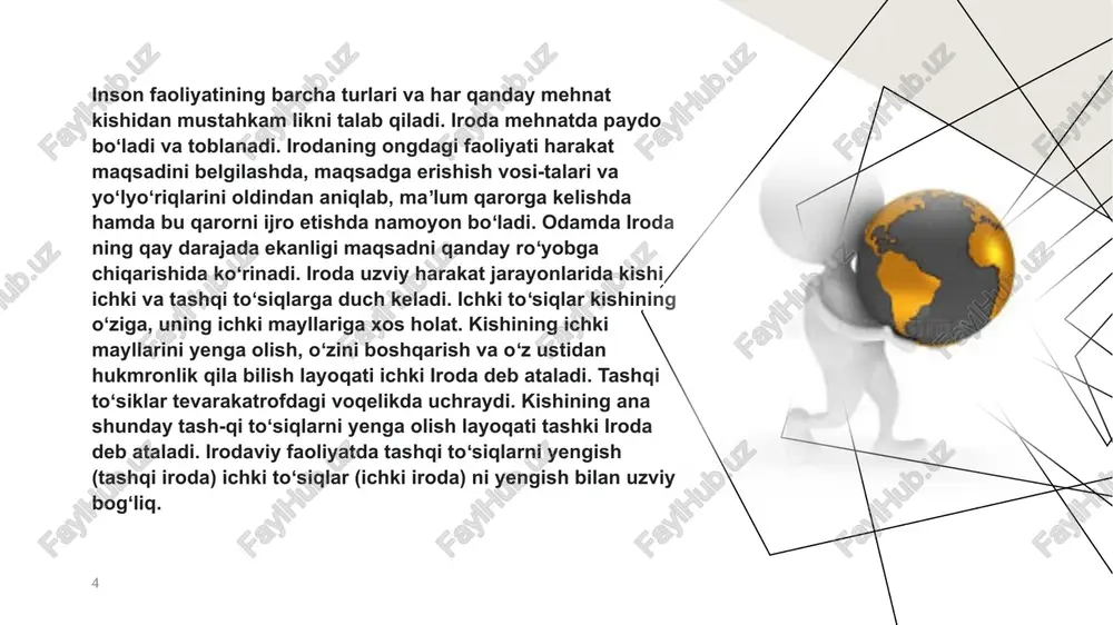 h yechim sifatida imkoniyatlardan birini qabul qilishni oʻz ichiga oladi. biroq, hamma ham tez qaror qabul qilmaydi, qarorini tasdiqlashga yordam beradigan qo'shimcha dalillarni izlashda uzoq vaqt ikkilanish mumkin. to'rtinchi bosqich - bu qarorni amalga oshirish va maqsadga erishish. qaror ijro etilmasa, vasiyatnoma to'liq emas deb hisoblanadi. qarorning ijrosi tashqi to'siqlarni va ishning ob'ektiv qiyinchiliklarini engib o'tishni nazarda tutadi. iroda kuchi maqsadga erishish yo'lida yuzaga keladigan muhim qiyinchiliklarni yengish uchun umumlashtirilgan qobiliyat. odam yengib o'tgan to'siq qanchalik jiddiy bo'lsa, shunchalik ishonch bilan aytishimiz mumkinki, insonning irodasi shunchalik kuchli. 13 iroda o’zini quyidagi shahsiy fazilatlarda namoyon qiladi: 14 maqsadga intiluvchanlik qat’iylik mustaqillik tirishqoqlik o’zini tuta olish o’zini boshqarish e’tiboringiz uchun rahmat! 15 image3.png image4.svg image5.png image6.svg image27.png image28.png image9.png image10.svg image29.jpg image30.png image31.png image32.png image33.png image34.png image20.png image21.svg image35.png image11.png image12.svg image36.png .msftofcthm_accent1_fill_v2 { fill:#e9e6df; } .msftofcthm_text1_stroke_v2 { stroke:#000000; } .msftofcthm_text1_stroke_v2 { stroke:#000000; } .msftofcthm_text1_stroke_v2 { stroke:#000000; } .msftofcthm_text1_stroke_v2 { stroke:#000000; } …