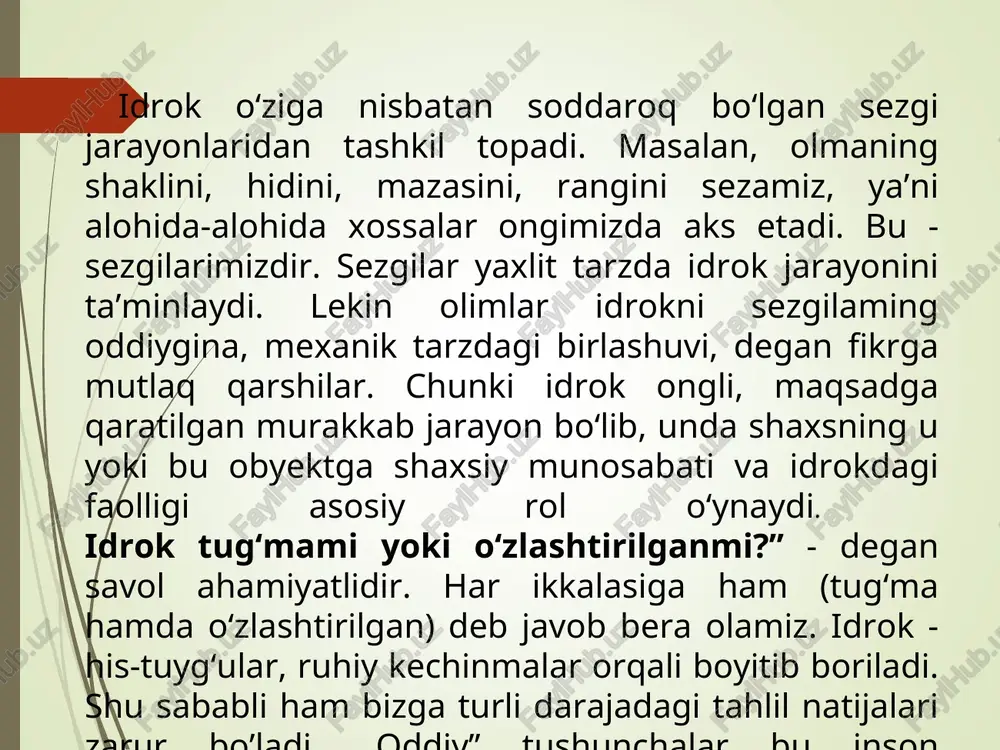 sh, yaqqol g‘oyiblardan xabar kelish singari parapsixologik muammodir. layer myuller illyuziyasi yuqori chiziq pastki chiziqdan uzunroq ekanligini ko'rishingiz mumkin, lekin agar siz chizg'ich bilan chiziq chizsangiz, ikkita chiziq bir xil uzunlikda ekanligini ko'rasiz. bu vizual illyuziya deb ataladi va kognitiv xatoning namunasidir. qizig'i shundaki, endi siz o'zingizning mantiqiy o'zligingiz chiziqlar bir xil ekanligini bilishini bilasiz. ammo sizning idrokingiz hali ham yuqori chiziqning uzunligini ko'radi. rubin figurasi tavsiya etiladi. unda ikkita qora profil oq fonda berilgan. bir qarashda ayrimlar bu rasmlarga qarab, «bu - vaza» deb atasa, boshqalar uni bir-biriga qarab turgan ikki kishi yuzining yon tomondan ko‘rinishi, deb ta’riflashi mumkin. shunisi xarakterliki,birinchi marta shu rasmni ko‘rgan odam uni yaxlit idrok qilib, nima ekanligini tushunishga harakat qiladi, lekin biror figurani ko‘rgach, m a’lum vaqtgacha boshqasini ko‘rmay turadi. agar shu idrok darajasi qolsa, ya’ni yana nimanidir ko‘rishni xohlamasa, u ikkinchi figurani ko‘rmasligi ham mumkin. bu bizdagi idrok jarayonlarining faolligiga, obyektga munosabatimiz bevosita …