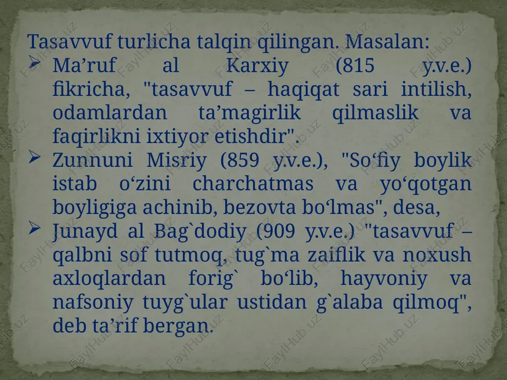 hujum qilgan chingizxon qo`shinlariga qarshi jangda shahid bo`ladi. uning aqidasiga ko`ra, inson “olami sug`ro”, ya’ni kichik olam bo`lib, unda “olami kubro”ning ya’ni katta olamning barcha xususiyatlari mujassamdir. kamolotga erishish uchun inson ma’lum riyozatli yo`llarni o`tishi zarur. buning uchun har bir kishi quyidagi 10 asosga tayanmog`i kerak: 1.tavba – barcha amallarning ibtidosi. tavba qilgan kishi o`z gunohlarini anglab etadi. 2. zuhdi – bu taqvo, parhez demakdir. tavba qilgan kishi haromdan hazar qiladi. man etilgan ishlarni qilmaydi. 3. tavakkul – o`z amallari, fikri va ishlarida yolg`iz, allohga suyanish demakdir. 4. qanoat – kamolotning eng maqbul yo`li, oznarsa bilan cheklanish, hirsdan yuz o`girish. 5. uzlat – tanholikda ruhni mustahkamlashdir. 6. tavajjuh – butun ichki mohiyatni allohga qaratish, unga cheksiz muhabbat qo`yish, undan boshqa narsa borligini his etmaslikdir. murid hamma vaqt yaratganga yuzlanib, undan madad so`rab, unga qalban intilmog`i kerak. 7. sabr – muridlarning toqat va bardoshini sinashdir. haq yo`li og`ir va mushkul yo`l, …