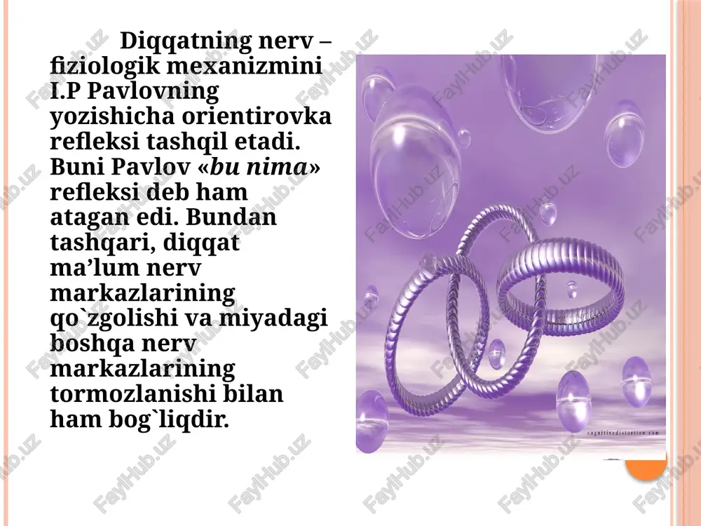 nishlar tarkib topadi va bu bog`lanishlarni biron bir qismi takroran paydo bo`lishi ongda uning barcha elementlari muqarrar ravishda gavdalanishiga olib keladi. assosiasiyalar uch turli bo`ladi: o`xshashlik, yondoshlik va qarama – qarshilik assosiasiyalari. neyrofiziologik nazariya. bu nazariyalar xotiraning mexanizmlari xaqidagi fiziologik nazariyalar bilan bog`liqdir. bu nazariyaning asosini i.p.pavlovning «oliy nerv faoliyati qonuniyatlari xaqida» gi ta’limotining eng muxim qoidalari tashkil etadi. bu ta’limotga ko`ra xotiraning nerv – fiziologik mexanizmini bosh miyada xosil bo`ladigan muvaqqat bog`lanishlar tashkil etadi. ana shu bog`lanishlar qanchalik mustaxkam bo`lsa, esda olib qolish ham shunchalik yaxshi bo`ladi. ana shu muvaqqat bog`lanishlarning qaytadan jonlanishi esga tushirishga, so`nib, yo`q bo`lib ketishi esa unitishga sabab bo`ladi. bioximik nazariya bioximik nazariyaning moxiyati quyidagidan iborat. birinchi bosqichda (qo`zgovchining bevosita ta’siridan so`ng) miya xujayralarida asl xoliga qaytuvchi fiziologik o`zgarishlarni keltirib chiqaradigan qisqa muddatli elektroximik reaksiya yuz beradi. ikkinchi bosqich birinchi bosqich negizida yuzaga kelib, aslida u yangi oqsil moddalarning xosil bo`lishi bilan bog`liq bo`lgan bioximik …