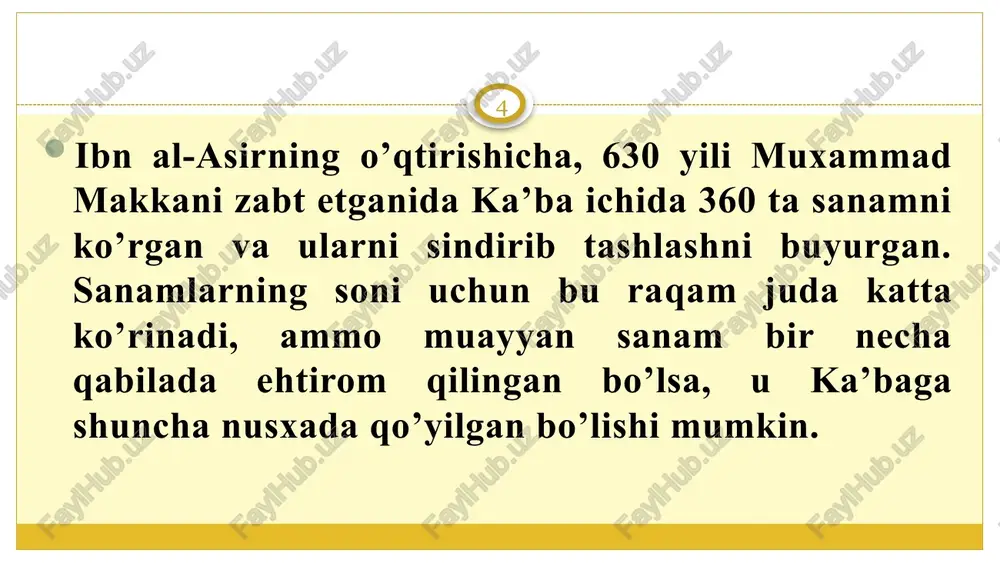 r o’rtasida chiqishi mumkin bo’lgan nizoning oldini oladi. muxammad 40 yoshga yetganida ko’proq tarkidunyochilikni qo’msaydigan bo’lib qoldi. makkaning 3 mil yuqorisidagi xiro tog’ida joylashgan g’orga ketar va ramazon oyini u yerda kechirib, ibodat qilardi. g’amlagan ozuqalari tugagach bibi xadicha oldiga qaytar, bu yerda bir oz qolib, yana o’sha g’orga ketar edi. u yerda o’zlarini sukunatga berib, chuqur o’yga tolar edilar. g’oyibdan quloqlariga “sen alloxning elchisisan” degan tovushlar tovushlar eshitilar edi. tush - xayollari to’g’ri chiqayotgandek edi 12 muxammad 35 yoshga kirganda makkaliklar ka’bani ta’mir etishadi. uni qayta qurish jarayonida muqaddas sanalgan “xajar al-asvad” (g’ora tosh)ni kim o’rniga qo’yadi degan masalada tortishib qoladilar. shunda ulardan biri - “ertalab safo eshigidan kim birinchi kirib kelsa o’sha bizga hakamlik qilsin”, deydi. ertalab safo tarafidan muxammad a.s. kirib keladilar. uni ko’rgan olamon “muxammad al-amin (ishonchli muxammad)keldi” deb, xursand bo’lishadi. u choponini yechib, “qora tosh”ni qo’yib, barcha qabila boshliqlarini cho’ponni baravariga ko’tarishga buyuradi va o’zi …