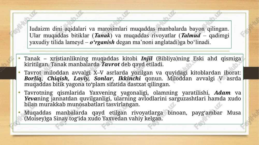 ir miloddan avvalgi 539-yilda bobilni zabt etganidan soʻng, oʻzi ozod qilgan yahudiylarni oʻz saltanatining istalgan yeriga joylashishi uchun ruxsat beradi. bu saltanat oʻz tarkibiga oʻrta osiyoning ham katta qismini olardi. vedalar vedalar (sanskritcha veda — bilim)— hindiston yozma adabiyotining qad. yodgorligi. mil. av. 2-ming yillikning oxiri — 1-ming yillikning boshida yaratilib, veda toʻplamlari deb nomlanadi. bu madaniy yodgorlikdan bizgacha 4 ta qism (samhita): "rigveda" (qasida, madhiya, duolar toʻplami), "samaveda" (qoʻshiqlar toʻplami), ayurveda yoki yajurveda (qurbonlik qilish yoʻllari), atharvaveda (sehrli duolar toʻplami) yetib kelgan. veda adabiyoti bir necha ming yillar davomida shakllanib, qadimgi hindlar tarixidagi turli jamiyatlarning diniy-falsafiy, estetik taraqqiyot darajalarini ifodalaydi. vedalar ichida eng qadimgisi "rigveda" hisoblanadi. u 10 kitob (mandala) dan iborat. bunda tabiatdagi narsa va hodisalar (osmon oʻzgarishi, quyosh, yulduzlar, momaqaldiroq, shamol, yomgʻir, togʻlar, daryolar) ilohiy kuchlar sifatida gavdalantirilib, ular sharafiga qoʻshiqlar, madhiyalar toʻqilgan, ularga qurbonliklar keltirilgan insoniyat hayoti, uning baxt-saodati ana shu kuchlarga bogʻliq holda tasavvur qilingan, …