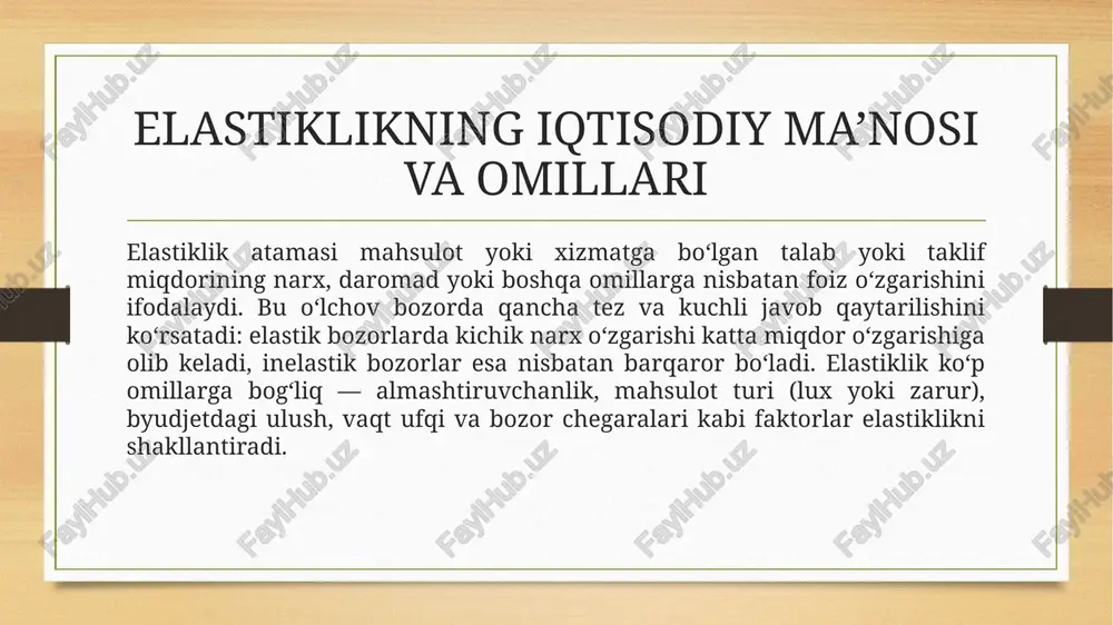 hqaruv factorlarini hisobga olish imkonini beradi. har bir metodning afzalliklari va cheklovlari mavjud. amaliy siyosat va korporativ strategiyada elastiklikdan foydalanish elastiklik tahlili hukumat va biznes qabul qiluvchilar uchun bevosita amaliy natijalar beradi: soliq va subsidiya siyosatini loyihalashda, narx cheklovlarini kiritishda, ijtimoiy himoya yoki stimullarni belgilashda elastiklik bo‘yicha prognozlar samarali bo‘ladi. korxonalar uchun esa narx strategiyasi, chegirmalar siyosati va yangi bozorga chiqish qarorlarida talab elastikligini hisobga olish rentabellikni oshiradi. shuningdek, bozor sharoitiga moslashish va resurslarni samarali taqsimlashda elastiklikni inobatga olish muhimdir. xulosa umumiy xulosaga ko‘ra, talab va taklif elastikligi bozordagi xatti-harakatlarni, narx va miqdor o‘zgarishlarini, hamda siyosiy aralashuvlar natijasini tushunishda markaziy rol o‘ynaydi. elastiklikni aniqlash va to‘g‘ri talqin qilish soliqlar, subsidiyalar, narx strategiyalari va ijtimoiy siyosatlarning samaradorligini oshirishga yordam beradi. amaliy misollar va o‘lchash metodlari esa nazariy bilimlarni real bozor tahliliga aylantirish imkonini beradi, shu bilan birga har bir bozor uchun o‘ziga xos omillarni hisobga olish zarurligini ta’kidlaydi. e'tiboringiz uchun rahmat! …
