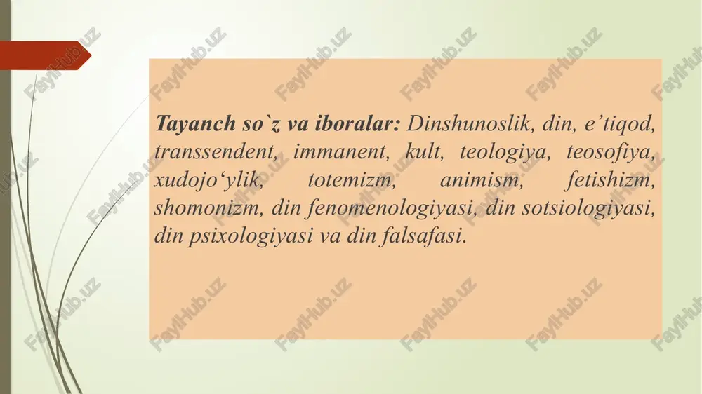 r mavjudligini eʼtirof etuvchi taʼlimotlarning umumiy nomi. so'fi olloyor (1644-1724) (1644, kattaqo‘rg‘on bekligi minglar qishlog‘i — 1724, denov) — tariqat arbobi va mutasavvuf shoir diniy e’tiqod–insonning dinga bo’lgan munosabatini belgilashda qo’llaniladigan tushuncha. aqida (arab.) — dindorlar uchun majburiy hisoblangan, shak keltirmasdan, muhokama yuritmasdan eʼtiqod qilinishi lozim boʻlgan diniy talablar. ilohiyot (arab. — xudo toʻgʻrisidagi taʼlimot) — diniy aqidalar va ular haqidagi ilohiy koʻrsatmalarni oʻz ichiga olgan asosiy diniy taʼlimot. aqiyda so'zlarini qildim isbot, anga qo'ydim «sabotul—ojizin» ot. “...aqiyda bilmagan shaytona eldur, agar ming yil amal deb qilsa, eldur”. 3-reja bayoni. dinning funksiyalari va ijtimoiy ahamiyati. dinning funksiyasining qisqacha ta'rifi birinchidan, har qanday din o'z dinidagilar uchun to'ldiruvchi, ovutuvchi (kompensatorlik) vazifasini bajaradi. ikkinchidan, dinlar o'z ta'limot tizimini vujudga keltirib, unga e'tiqod qiluvchi shaxs, jamoani shu ta'limot doirasida saqlashga harakat qiladi. buni dinlarning birlashtiruvchilik (integrativlik) funksiyasi deyiladi. uchinchidan, din dindorlar hayotini tartibga solish, nazorat qilish (regulyativlik) funksiyasini ham bajaradi. to`rtinchidan, din dindorlarning …